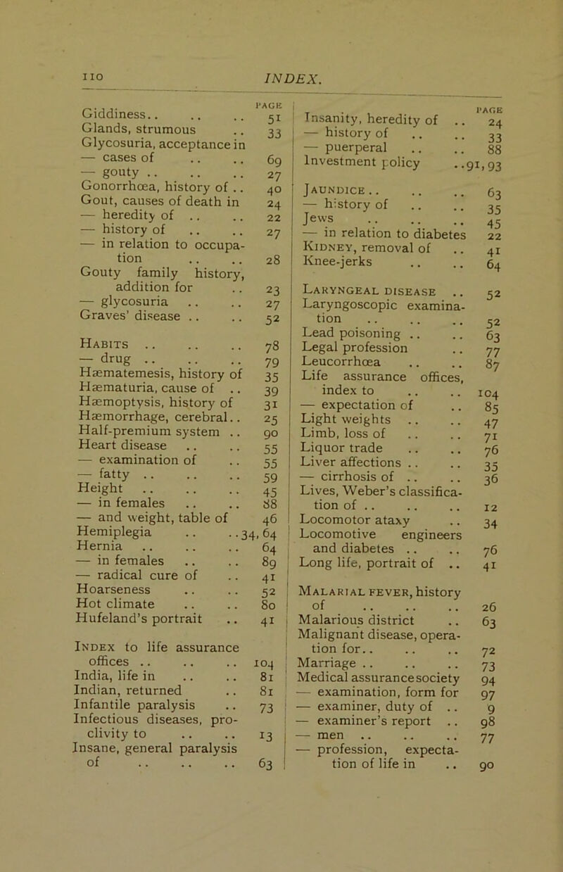 Giddiness.. Glands, strumous Glycosuria, acceptance in — cases of — gouty Gonorrhoea, history of .. Gout, causes of death in — heredity of .. — history of — in relation to occupa- tion Gouty family history, addition for — glycosuria Graves' disease .. l'AGE 51 33 69 27 40 24 22 27 28 23 27 52 Habits — drug Haematemesis, history of Hasmaturia, cause of .. Haemoptysis, history of Haemorrhage, cerebral.. Half-premium system .. Heart disease — examination of — fatty .. Height — in females 73 79 35 39 3i 25 90 55 55 59 45 88 — and weight, table of 46 Hemiplegia 34. 64 Hernia 64 — in females 89 1 — radical cure of 41 ! Hoarseness n 1 52 ; Hot climate So ' Hufeland’s portrait 41 ! Index to life assurance offices 104 India, life in 81 Indian, returned si Infantile paralysis 73 Infectious diseases, pro- clivity to 13 I Insane, general paralysis of 63 Insanity, heredity of . — history of — puerperal Investment policy PAGE • 24 33 . 88 •91.93 Jaundice.. — history of Jews — in relation to diabetes Kidney, removal of Knee-jerks 63 35 45 22 41 64 Laryngeal disease Laryngoscopic examina- tion Lead poisoning .. Legal profession Leucorrhoea Life assurance offices, index to — expectation of Lightweights Limb, loss of Liquor trade Liver affections .. — cirrhosis of .. Lives, Weber’s classifica- tion of .. Locomotor ataxy Locomotive engineers and diabetes .. Long life, portrait of .. 52 52 63 77 87 104 85 47 7i 76 35 36 12 34 76 4i Malarial fever, history of .. .. .. 26 Malarious district .. 63 Malignant disease, opera- tion for.. .. .. 72 Marriage .. .. .. 73 Medical assurance society 94 — examination, form for 97 — examiner, duty of .. 9 — examiner’s report .. 98 — men .. .. .. 77 — profession, expecta- tion of life in .. 90