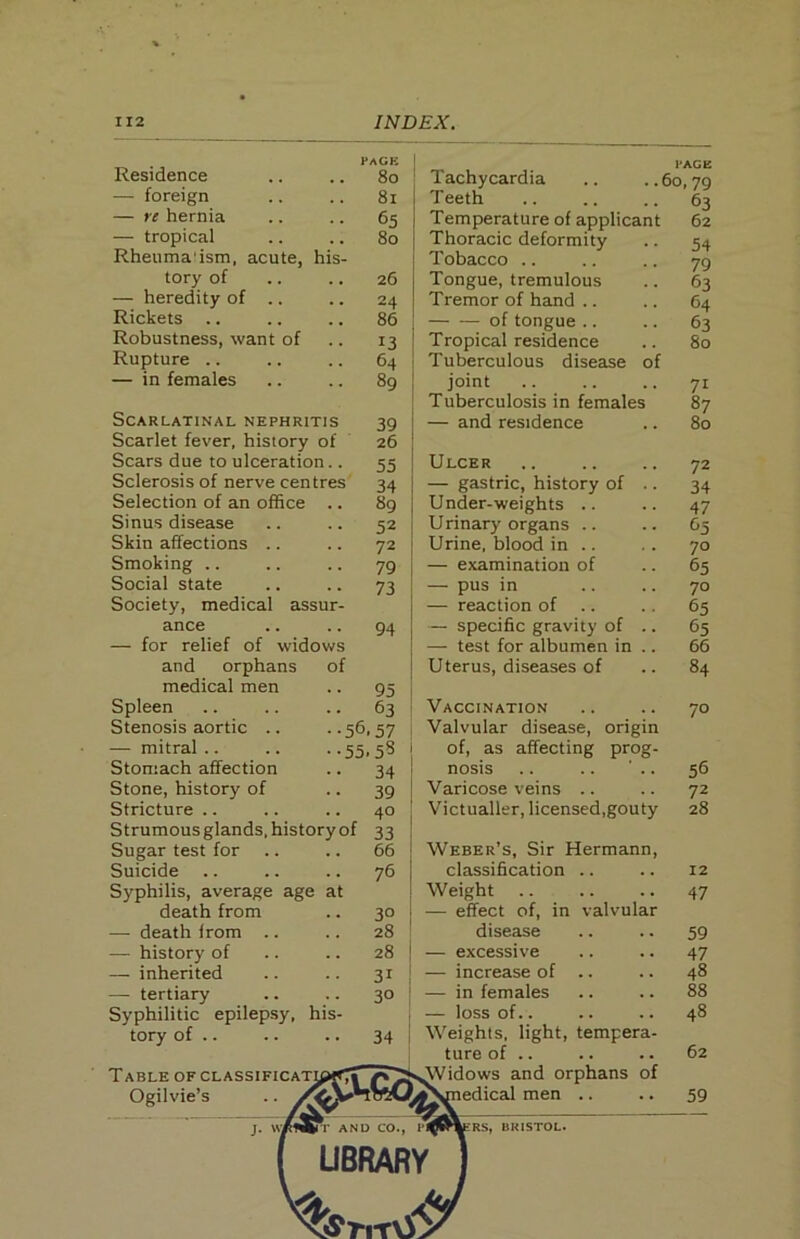 PACK | PACE Residence 80 | Tachycardia .. 5o, 79 — foreign 81 Teeth 63 — re hernia 65 Temperature of applicant 62 — tropical 80 Thoracic deformity 54 Rheuma'ism, acute, his- Tobacco .. 79 tory of 26 Tongue, tremulous 63 — heredity of .. 24 Tremor of hand .. 64 Rickets .. 86 of tongue .. 63 Robustness, want of 13 Tropical residence 80 Rupture .. 64 Tuberculous disease of — in females 89 joint 71 Tuberculosis in females 87 Scarlatinal nephritis 39 — and residence 80 Scarlet fever, history of 26 Scars due to ulceration.. 55 Ulcer 72 Sclerosis of nerve centres 34 — gastric, history of .. 34 Selection of an office .. 89 Under-weights .. 47 Sinus disease 52 Urinary organs .. 65 Skin affections 72 Urine, blood in .. 70 Smoking 79 — examination of 65 Social state 73 — pus in 70 Society, medical assur- — reaction of 65 ance 94 — specific gravity of .. 65 — for relief of widows — test for albumen in .. 66 and orphans of Uterus, diseases of 84 medical men 95 Spleen 63 Vaccination 70 Stenosis aortic .. ■■56,57 Valvular disease, origin — mitral .. .. • -55. 58 of, as affecting prog- Stomach affection 34 nosis .. .. 5<5 Stone, history of 39 Varicose veins 72 Stricture 40 Victualler, licensed,gouty 28 Strumous glands, history of 33 Sugar test for 66 Weber’s, Sir Hermann, Suicide .. 76 classification 12 Syphilis, average age at Weight 47 death from 3° — effect of, in valvular — death from .. 28 disease 59 — history of 28 — excessive 47 — inherited 31 — increase of .. 48 — tertiary 3° — in females 88 Syphilitic epilepsy, his- — loss of.. 48 tory of .. 34 Weights, light, tempera- ture of .. 62 Table ofclassificati^Ci ^Widows and orphans of Ogilvie’s .. ■troC^Vnedical men .. 59 J. \mWFr AND CO., PI^WbERS, BRISTOL* ( LIBRARY I V^nnjV