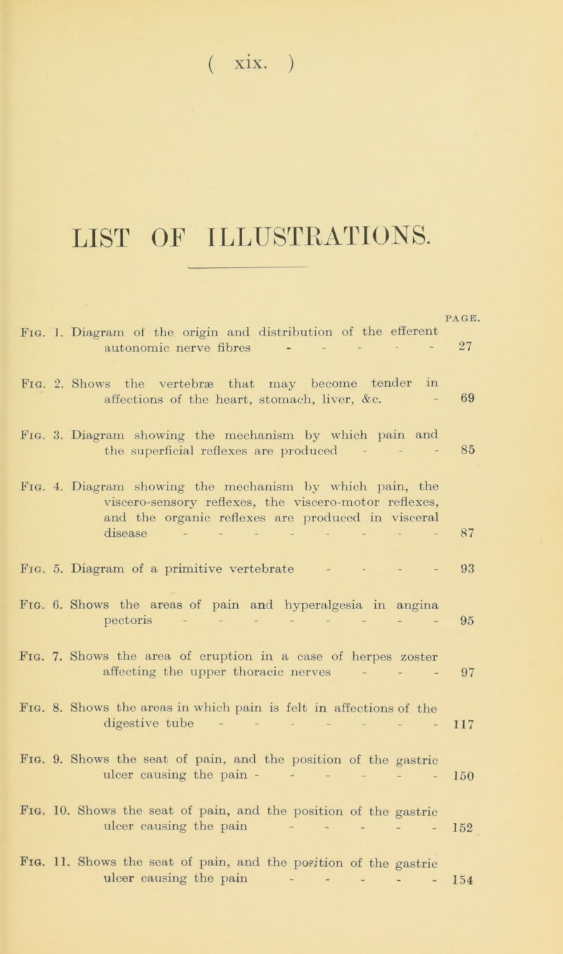 LIST OF ILLUSTRATIONS. PAGE. Fig. 1. Diagram of the origin and distribution of the efferent autonomic nerve fibres - - - • - 27 Fig. 2. Shows the vertebrae that may become tender in affections of the heart, stomach, liver, &c. - 69 Fig. 3. Diagram showing the mechanism by which pain and the superficial reflexes are produced 85 Fig. 4. Diagram showdng the mechanism by which pain, the viscero-sensory reflexes, the viscero-motor reflexes, and the organic reflexes are produced in visceral disease -------- 87 Fig. 5. Diagram of a primitive vertebrate - - - - 93 Fig. 6. Shows the areas of pain and hyperalgesia in angina pectoris -------- 95 Fig. 7. Shows the area of eruption in a case of herpes zoster affecting the upper thoracic nerves 97 Fig. 8. Shows the areas in which pain is felt in affections of the digestive tube - - - - - - -117 Fig. 9. Shows the seat of pain, and the position of the gastric ulcer causing the pain - - - - - -150 Fig. 10. Shows the seat of pain, and the position of the gastric ulcer causing the pain - - - - - 152 Fig. 11. Shows the seat of pain, and the position of the gastric ulcer causing the pain 154