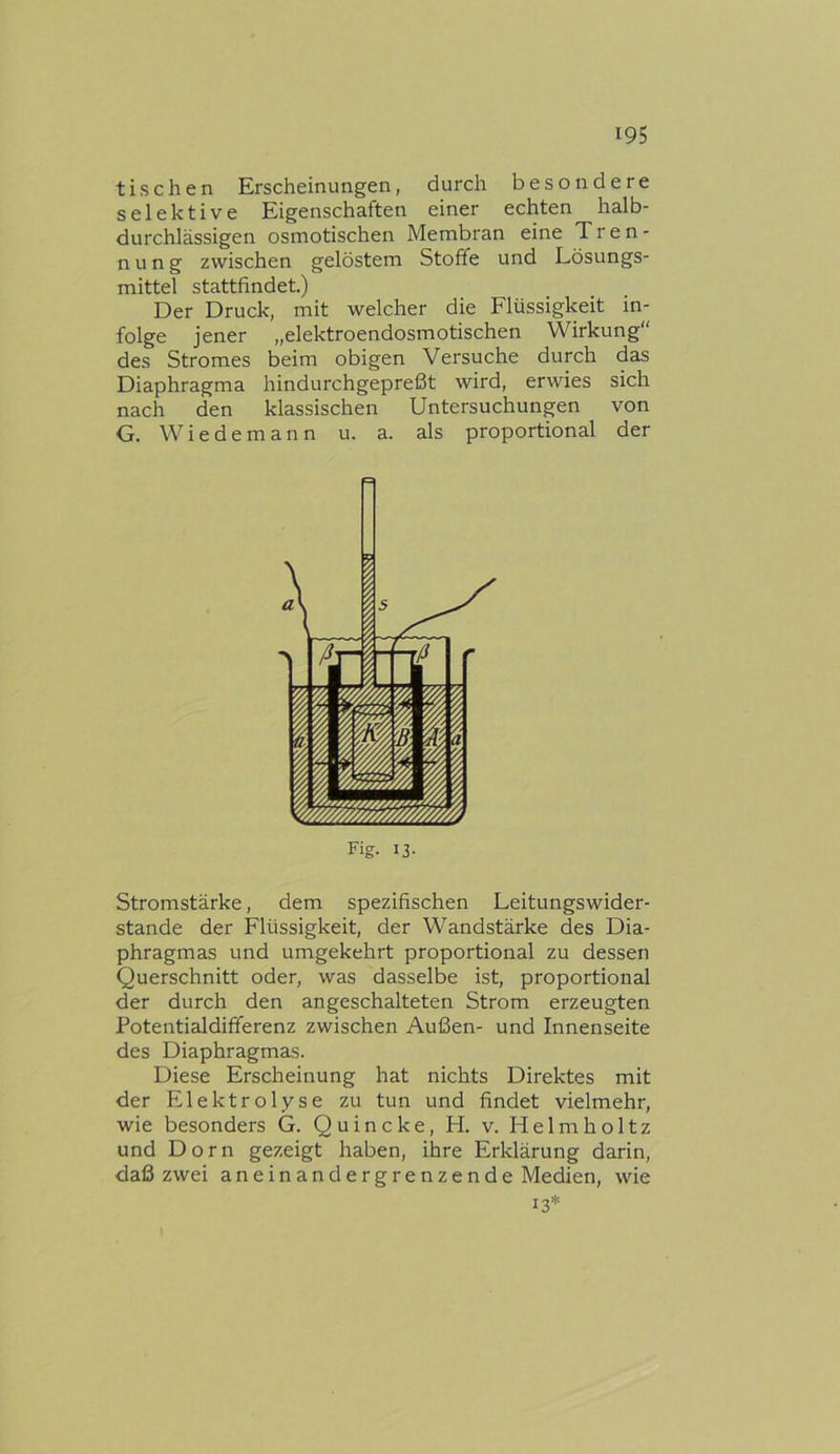 tischen Erscheinungen, durch besondere selektive Eigenschaften einer echten halb- durchlässigen osmotischen Membran eine Tren- nung zwischen gelöstem Stoffe und Lösungs- mittel stattfindet.) Der Druck, mit welcher die Flüssigkeit in- folge jener „elektroendosmotischen Wirkung“ des Stromes beim obigen Versuche durch das Diaphragma hindurchgepreßt wird, erwies sich nach den klassischen Untersuchungen von G. Wiedemann u. a. als proportional der Fig- 13- Stromstärke, dem spezifischen Leitungswider- stande der Flüssigkeit, der Wandstärke des Dia- phragmas und umgekehrt proportional zu dessen Querschnitt oder, was dasselbe ist, proportional der durch den angeschalteten Strom erzeugten Potentialdifferenz zwischen Außen- und Innenseite des Diaphragmas. Diese Erscheinung hat nichts Direktes mit der Elektrolyse zu tun und findet vielmehr, wie besonders G. Quincke, FI. v. Helmholtz und Dorn gezeigt haben, ihre Erklärung darin, daß zwei aneinandergrenzende Medien, wie 13*