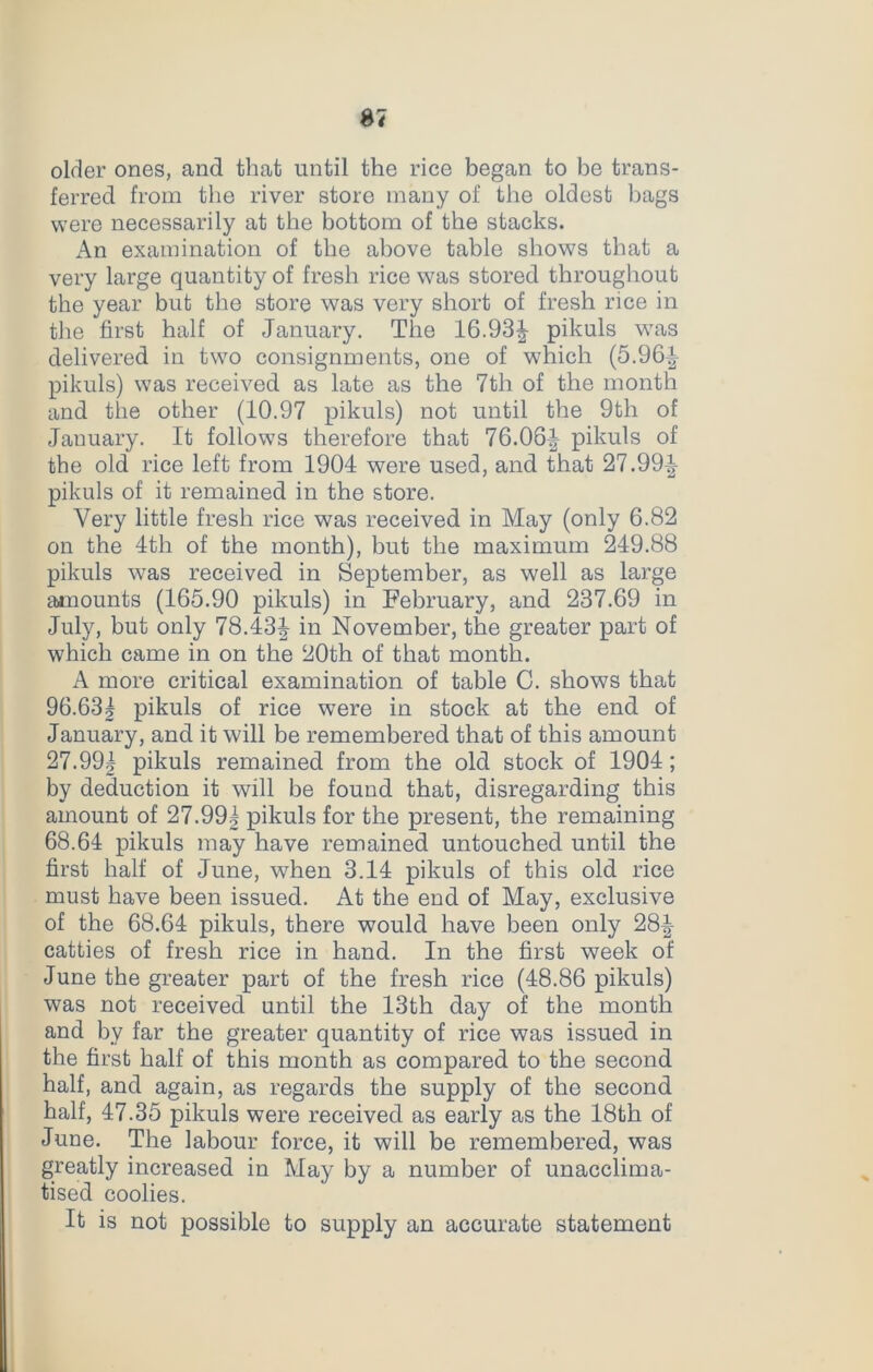 older ones, and that until the rice began to be trans- ferred from the river store many of the oldest bags were necessarily at the bottom of the stacks. An examination of the above table shows that a very large quantity of fresh rice was stored throughout the year but the store was very short of fresh rice in the first half of January. The 16.93J pikuls was delivered in two consignments, one of which (5.96^ pikuls) was received as late as the 7tli of the month and the other (10.97 pikuls) not until the 9th of January. It follows therefore that 76.06^ pikuls of the old rice left from 1904 were used, and that 27.99^ pikuls of it remained in the store. Very little fresh rice was received in May (only 6.82 on the 4th of the month), but the maximum 249.88 pikuls was received in September, as well as large amounts (165.90 pikuls) in February, and 237.69 in July, but only 78.43J in November, the greater part of which came in on the 20th of that month. A more critical examination of table C. shows that 96.63? pikuls of rice were in stock at the end of January, and it will be remembered that of this amount 27.99| pikuls remained from the old stock of 1904; by deduction it will be found that, disregarding this amount of 27.991 pikuls for the present, the remaining 68.64 pikuls may have remained untouched until the first half of June, when 3.14 pikuls of this old rice must have been issued. At the end of May, exclusive of the 68.64 pikuls, there would have been only 281- catties of fresh rice in hand. In the first week of June the greater part of the fresh rice (48.86 pikuls) was not received until the 13th day of the month and by far the greater quantity of rice was issued in the first half of this month as compared to the second half, and again, as regards the supply of the second half, 47.35 pikuls were received as early as the 18th of June. The labour force, it will be remembered, was greatly increased in May by a number of unacclima- tised coolies. It is not possible to supply an accurate statement