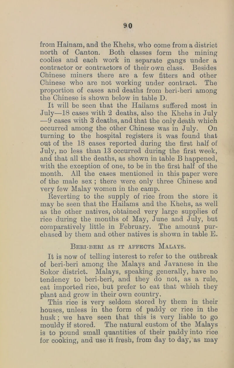 from Hainam, and the Khehs, who come from a district north of Canton. Both classes form the mining coolies and each work in separate gangs under a contractor or contractors of their own class. Besides Chinese miners there are a few fitters and other Chinese who are not working under contract. The proportion of cases and deaths from beri-beri among the Chinese is shown below in table D. It will be seen that the Hailams suffered most in July—18 cases with 2 deaths, also the Khehs in July —9 cases with 3 deaths, and that the only death which occurred among the other Chinese was in July. On turning to the hospital registers it was found that out of the 18 cases reported during the first half of July, no less than 13 occurred during the first week, and that all the deaths, as shown in table B happened, with the exception of one, to be in the first half of the month. All the cases mentioned in this paper were of the male sex ; there were only three Chinese and very few Malay women in the camp. Reverting to the supply of rice from the store it may be seen that the Hailams and the Khehs, as well as the other natives, obtained very large supplies of rice during the months of May, June and July, but comparatively little in February. The amount pur- chased by them and other natives is shown in table E. Beri-beri as it affects Malays. It is now of telling interest to refer to the outbreak of beri-beri among the Malays and Javanese in the Sokor district. Malays, speaking generally, have no tendency to beri-beri, and they do not, as a rule, eat imported rice, but prefer to eat that which they plant and grow in their own country. This rice is very seldom stored by them in their houses, unless in the form of paddy or rice in the husk; we have seen that this is very liable to go mouldy if stored. The natural custom of the Malays is to pound small quantities of their paddy into rice for cooking, and use it fresh, from day to day, as may