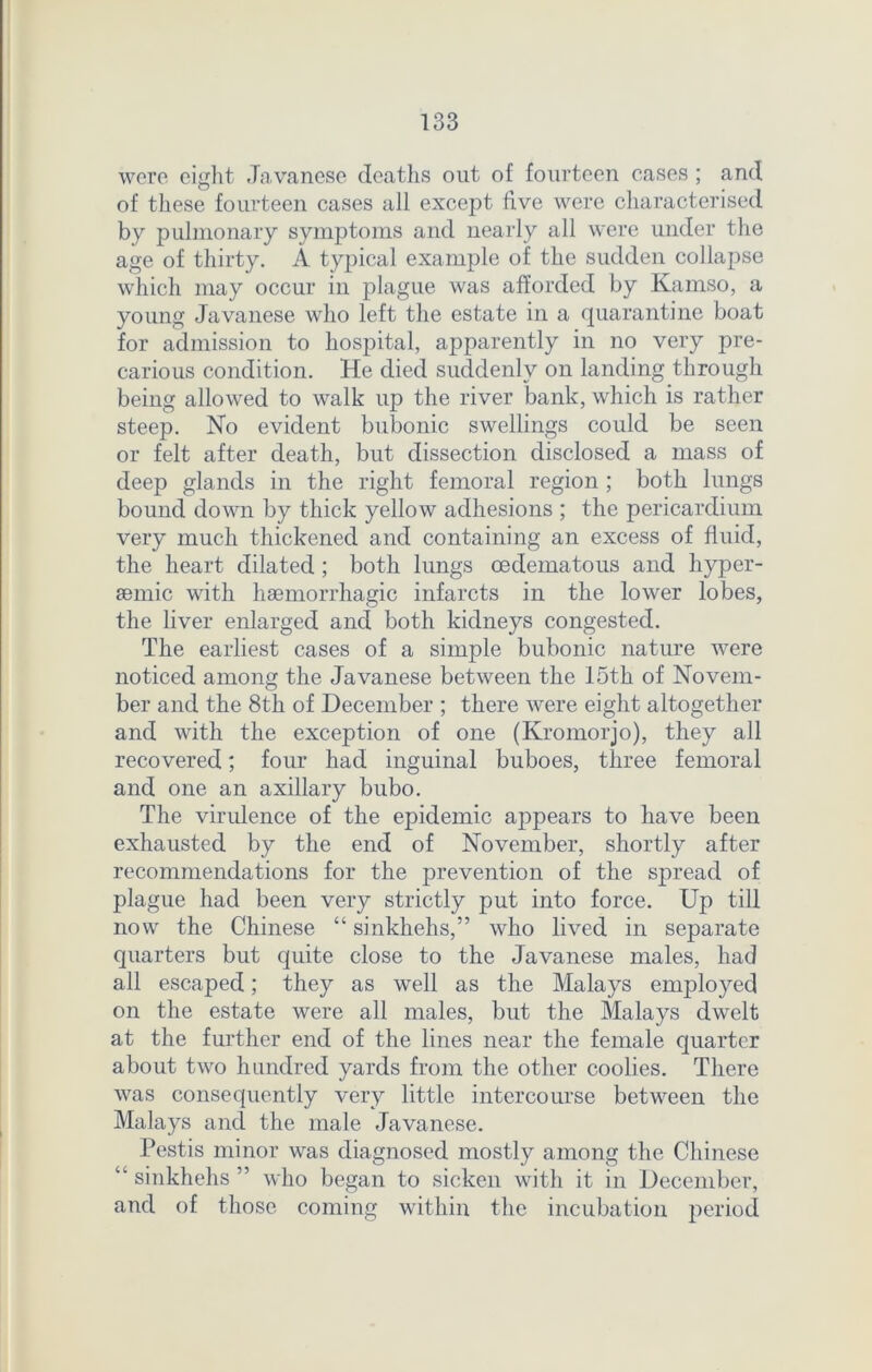 were eight Javanese deaths out of fourteen cases; and of these fourteen cases all except five were characterised by pulmonary symptoms and nearly all were under the age of thirty. A typical example of the sudden collapse which may occur in plague was afforded by Kamso, a young Javanese who left the estate in a quarantine boat for admission to hospital, apparently in no very pre- carious condition. He died suddenly on landing through being allowed to walk up the river bank, which is rather steep. No evident bubonic swellings could be seen or felt after death, but dissection disclosed a mass of deep glands in the right femoral region ; both lungs bound down by thick yellow adhesions ; the pericardium very much thickened and containing an excess of fluid, the heart dilated; both lungs oedematous and hyper- semic with haemorrhagic infarcts in the lower lobes, the liver enlarged and both kidneys congested. The earliest cases of a simple bubonic nature were noticed among the Javanese between the 15th of Novem- ber and the 8th of December ; there were eight altogether and with the exception of one (Kromorjo), they all recovered; four had inguinal buboes, three femoral and one an axillary bubo. The virulence of the epidemic appears to have been exhausted by the end of November, shortly after recommendations for the prevention of the spread of plague had been very strictly put into force. Up till now the Chinese “ sinkhehs,” who lived in separate quarters but quite close to the Javanese males, had all escaped; they as wrell as the Malays employed on the estate were all males, but the Malays dwelt at the further end of the lines near the female quarter about two hundred yards from the other coolies. There was consequently very little intercourse between the Malays and the male Javanese. Pestis minor was diagnosed mostly among the Chinese “ sinkhehs ” who began to sicken with it in December, and of those coming within the incubation period