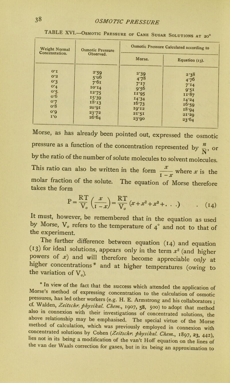 TABLE XVI.—Osmotic Pressure of Cane Sugar Solutions at 20' Weight Normal Concentration. Osmotic Pressure Observed. Osmotic Pressure Calculated according to Morse. Equation (13). 0*1 0'2 0-3 0-4 o-5 o*6 o*7 o-8 0*9 1*0 2*59 5'06 7-61 10*14 1275 1539 18*13 20*91 23*72 26*64 2*39 4*78 7*17 9’56 11‘95 I4'34 1673 19*12 21*51 23-90 2*38 4*76 7’14 9-5I 11*87 14*24 16*59 18-94 21*29 23*64 Morse, as has already been pointed out, expressed the osmotic pressure as a function of the concentration represented by ^, or by the ratio of the number of solute molecules to solvent molecules. This ratio can also be written in the form where * is the 1 — x molar fraction of the solute. The equation of Morse therefore takes the form p RT / x \ RT V0 \i-x)~ V0 (-*■ + * + •** + ■ ■ •) . (14) It must, however, be remembered that in the equation as used by Morse, V0 refers to the temperature of 40 and not to that of the experiment. The further difference between equation (14) and equation (13) for ideal solutions, appears only in the term ^r2 (and higher powers of x) and will therefore become appreciable only at higher concentrations* and at higher temperatures (owing to the variation of V0). * In view of the fact that the success which attended the application of Morse’s method of expressing concentration to the calculation of osmotic pressures, has led other workers (e.g. H. E. Armstrong and his collaborators ; cf. Walden, Zeitschr. physikal. Chem., 1907, 58, 500) to adopt that method also in connexion with their investigations of concentrated solutions, the above relationship may be emphasised. The special virtue of the Morse method of calculation, which was previously employed in connexion with concentrated solutions by Cohen {Zeitschr. physikal. Chem., 1897, 23, 442), lies not in its being a modification of the van’t Hoff equation on the lines of the van der Waals correction for gases, but in its being an approximation to