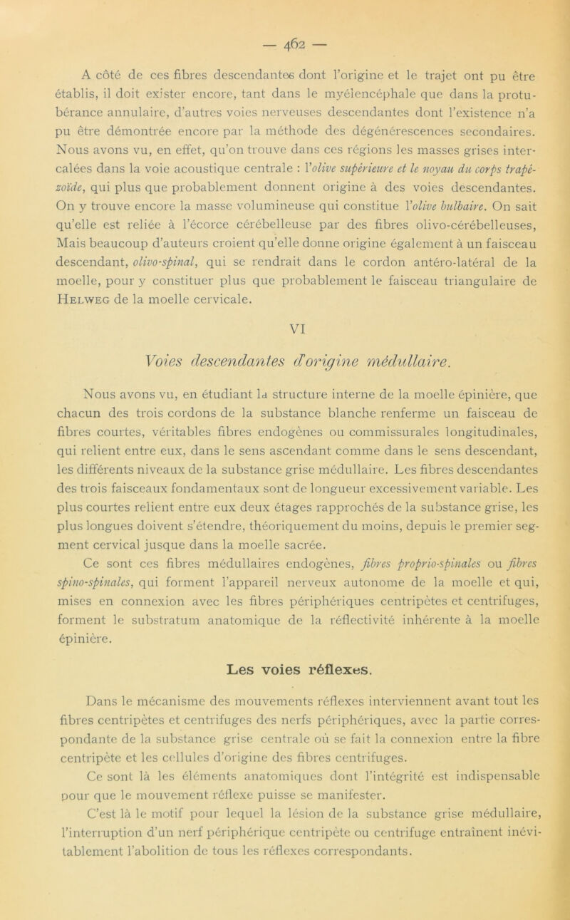 — 4^2 — A côté de ces fibres descendantes dont l’origine et le trajet ont pu être établis, il doit exister encore, tant dans le myéiencéphale que dans la protu- bérance annulaire, d’autres voies nerveuses descendantes dont l’existence n’a pu être démontrée encore par la méthode des dégénérescences secondaires. Nous avons vu, en effet, qu’on trouve dans ces régions les masses grises inter- calées dans la voie acoustique centrale : Y olive supérieure et le noyau du corps trapé- zoïde, qui plus que probablement donnent origine à des voies descendantes. On y trouve encore la masse volumineuse qui constitue Y olive bulbaire. On sait qu’elle est reliée à l’écorce cérébelleuse par des fibres olivo-cérébellcuses, Mais beaucoup d’auteurs croient qu’elle donne origine également à un faisceau descendant, olivo-spinal, qui se rendrait dans le cordon antéro-latéral de la moelle, pour y constituer plus que probablement le faisceau triangulaire de Helweg de la moelle cervicale. VI Voies descendantes doricjine médullaire. Nous avons vu, en étudiant la structure interne de la moelle épinière, que chacun des trois cordons de la substance blanche renferme un faisceau de fibres courtes, véritables fibres endogènes ou commissurales longitudinales, qui relient entre eux, dans le sens ascendant comme dans le sens descendant, les différents niveaux de la substance grise médullaire. Les fibres descendantes des trois faisceaux fondamentaux sont de longueur excessivement variable. Les plus courtes relient entre eux deux étages rapprochés de la substance grise, les plus longues doivent s’étendre, théoriquement du moins, depuis le premier seg- ment cervical jusque dans la moelle sacrée. Ce sont ces fibres médullaires endogènes, fibres proprio-spinales ou fibres spino-spinales, qui forment l’appareil nerveux autonome de la moelle et qui, mises en connexion avec les fibres périphériques centripètes et centrifuges, forment le substratum anatomique de la réflectivité inhérente à la moelle épinière. Les voies réflexes. Dans le mécanisme des mouvements réflexes interviennent avant tout les fibres centripètes et centrifuges des nerfs périphériques, avec la partie corres- pondante de la substance grise centrale où se fait la connexion entre la fibre centripète et les cellules d’origine des fibres centrifuges. Ce sont là les éléments anatomiques dont l’intégrité est indispensable pour que le mouvement réflexe puisse se manifester. C’est là le motif pour lequel la lésion de la substance grise médullaire, l’interruption d’un nerf périphérique centripète ou centrifuge entraînent inévi- tablement l’abolition de tous les réflexes correspondants.