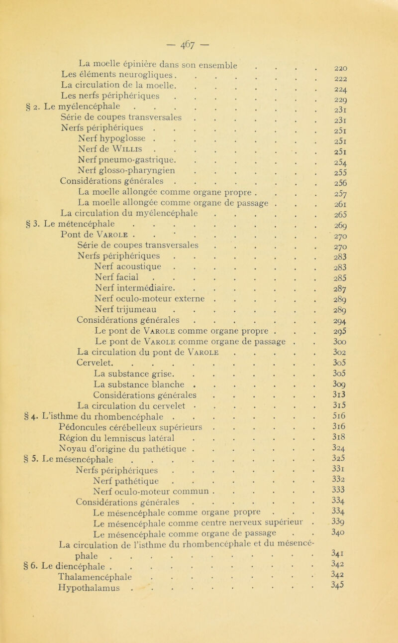 La moelle épinière dans son ensemble .... 220 Les éléments neurogliques La circulation de la moelle. . * * * • -4^4. Les nerfs périphériques 22^ § 2. Le myélencéphale ^ Série de coupes transversales 23j Nerfs périphériques Nerf hypoglosse Nerf de Willis Nerf pneumo-gastriquô 254 Nerf glosso-pharyngien 255 Considérations générales 256 La moelle allongée comme organe propre .... 25y La moelle allongée comme organe de passage . . . 261 La circulation du myélencéphale 265 § 3. Le métencéphale 269 Pont de Varole . 270 Série de coupes transversales 270 Nerfs périphériques 283 Nerf acoustique 283 Nerf facial 285 Nerf intermédiaire 287 Nerf oculo-moteur externe 289 Nerf trijumeau 289 Considérations générales 294 Le pont de Varole comme organe propre . . . 295 Le pont de Varole comme organe de passage . . 3oo La circulation du pont de Varole 3o2 Cervelet 3o5 La substance grise 3o5 La substance blanche 3og Considérations générales 3i3 La circulation du cervelet 3i5 § 4. L’isthme du rhombencéphale 5i6 Pédoncules cérébelleux supérieurs 3i6 Région du lemniscus latéral 3i8 Noyau d’origine du pathétique 324 § 5. Le mésencéphale 325 Nerfs périphériques 331 Nerf pathétique 332 Nerf oculo-moteur commun 333 Considérations générales ....... 334 Le mésencéphale comme organe propre . . . 334 Le mésencéphale comme centre nerveux supérieur . 33g Le mésencéphale comme organe de passage . . 340 La circulation de l’isthme du rhombencéphale et du mésencé- phale § 6. Le diencéphale ^42 Thalamencéphale 342 Hypothalamus ^5