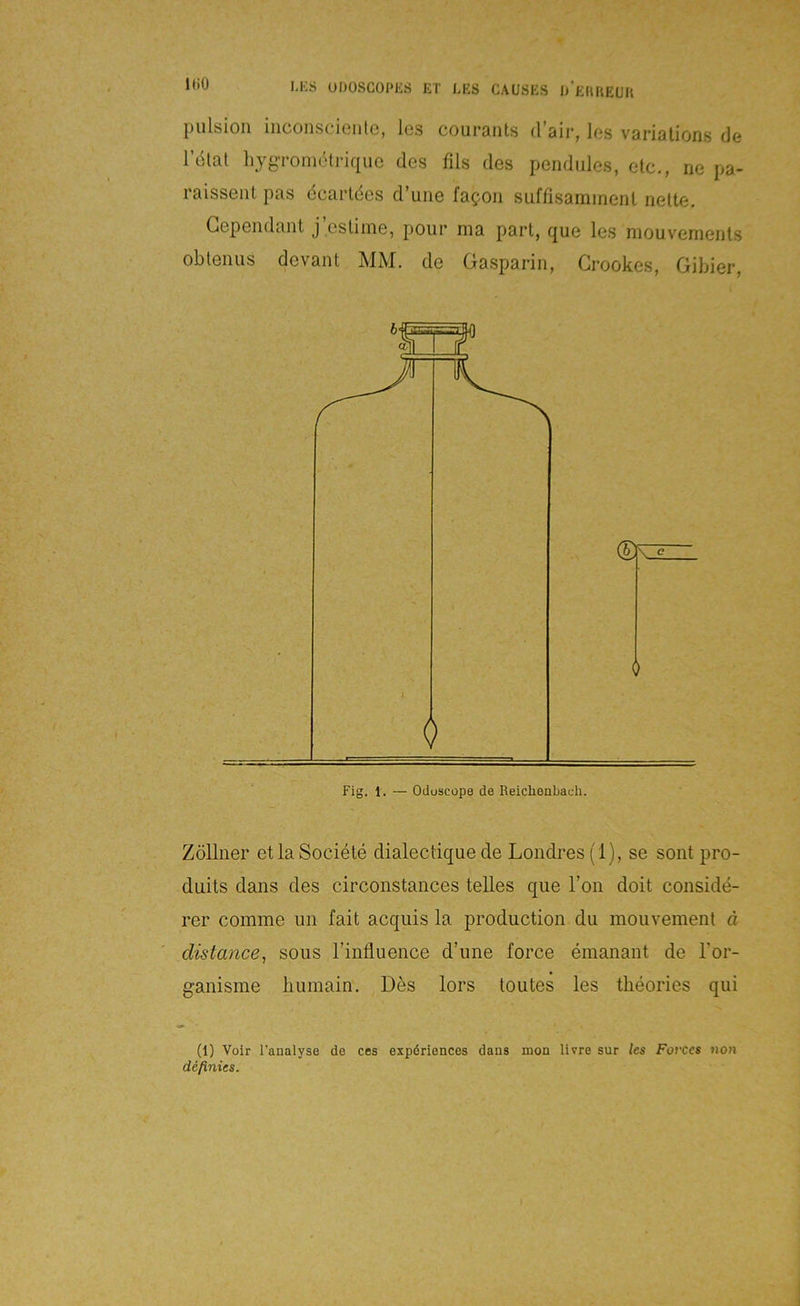 UDOSCOPKS ET LES CAUSES Ij'eUKEUK pulsion iiiconscieiite, les courants d’alr, los variations de l’dlal hygromötrique des fils des pendiiles, etc., ne pa- raisseiit pas dcarldes cruiie faxten sufüsammenl nette. Gependant j’cstiine, pour ma part, que les mouvements obteiiiis devant MAI. de Gasparin, Grookes, Gibier, Zöllner etlaSociete dialectique de Londres(l), se sont pro- duits dans des circonstances telles que Ton doit conside- rer comme un fait acquis la production du mouvement d distance, sous rinfluence d’une force emanant de Tor- ganisme liumain. Des lors toutes les tlieories qui (1) Voir l’analyse de ces expöriences dans mon livre sur les Forccs uon definies.