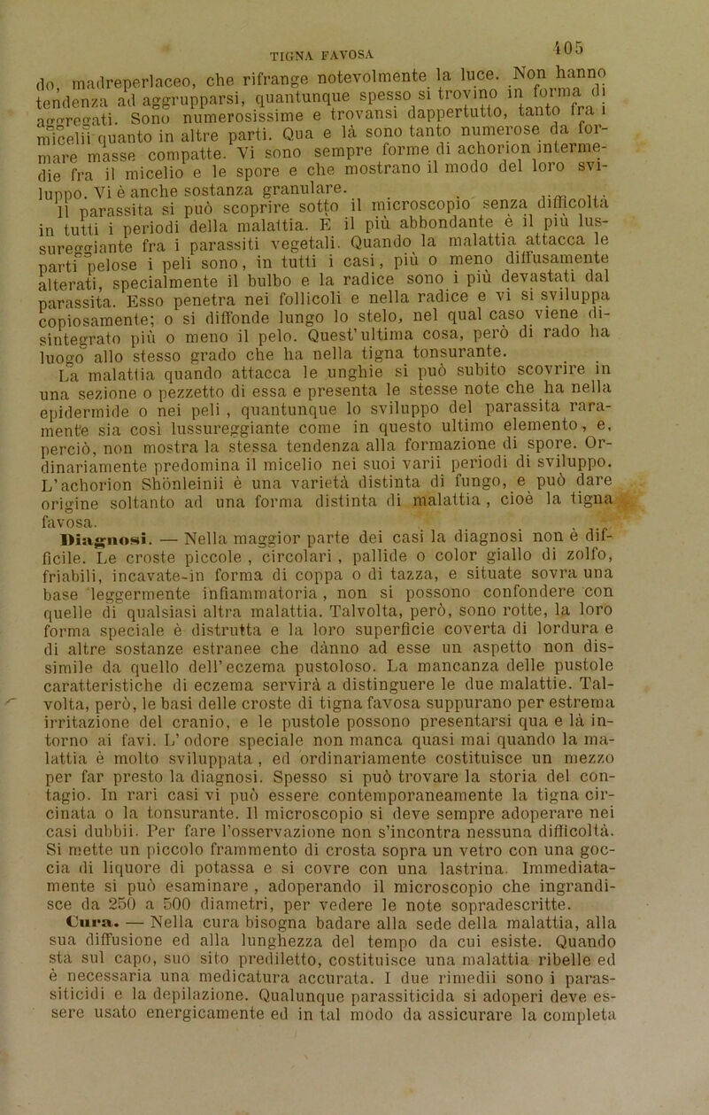 i 0 5 do madreperlaceo, che rifrange notevolmente la luce. Non hanno tendenza ad aggrupparsi, quantunque spesso si troyino in forma di ag^regati. Sono numerosissime e trovansi dappertutto, tanto fra 1 micelfi quanto in altre parti. Qua e 14 sono tanto numerose da for- mare masse compatte. Vi sono sempre forme di achorion mterme- die fra il micelio e le spore e che mostrano il modo del loro svi- luppo. Vi e anche sostanza granulare. . 11 parassita si pud scoprire sotto il microscopio senza difflcolta in tutti i periodi della malattia. E il piu abbondante e il piu lus- suref<Tiante fra i parassiti vegetali. Quando la malattia attacca le parti pelose i peli sono, in tutti i casi, piu o meno diffusamente alterati, specialmente il bulbo e la radice sono i piu devastate dal parassita. Esso penetra nei foilicoli e nella radice e vi si sviluppa copiosamente; o si diftonde lungo lo stelo, nel qual caso viene di- sintegrato piu o meno il pelo. Quest’ultima cosa, peio di rado lia iuoo& alio stesso grado che ha nella tigna tonsurante. L°a malattia quando attacca le unghie si pud subito scovrire in una sezione o pezzetto di essa e presenta le stesse note che ha nella epidermide o nei peli , quantunque lo sviluppo del parassita rara- mente sia cosi lussureggiante come in questo ultimo elemento, e. percio, non mostra la stessa tendenza alia formazione di spore. Or- dinariamente predomina il micelio nei suoi varii periodi di sviluppo. L’achorion Shonleinii e una variety distinta di fungo, e pud dare origine soltanto ad una forma distinta di malattia , cioe la tigna favosa. .... I>i:»<-nosi. — Nella maggior parte dei casi la diagnosi non e dif- ficile. Le croste piccole , circolari , pallide o color giallo di zolfo, friabili, incavate-in forma di coppa o di tazza, e situate sovra una base leggermente infiammatoria, non si possono confondere con quelle di qualsiasi altra malattia. Talvolta, perd, sono rotte, la loro forma speciale e distrutta e la loro superficie coverta di lordura e di altre sostanze estranee che danno ad esse un aspetto non dis- simile da quello dell’eczema pustoloso. La mancanza delle pustole caratteristiche di eczema servira a distinguere le due malattie. Tal- volta, perd, le basi delle croste di tigna favosa suppurano per estrema irritazione del cranio, e le pustole possono presentarsi qua e la in- torno ai favi. L’ odore speciale non manca quasi mai quando la ma- lattia e molto sviluppata , ed ordinariamente costituisce un mezzo per far presto la diagnosi. Spesso si pud trovare la storia del con- tagio. In rari casi vi pud essere contemporaneamente la tigna cir- cinata o la tonsurante. Il microscopio si deve sempre adoperare nei casi dubbii. Per fare l’osservazione non s’incontra nessuna difflcolta. Si rcette un piccolo frammento di crosta sopra un vetro con una goc- cia di liquore di potassa e si covre con una lastrina. Immediata- mente si pud esaminare , adoperando il microscopio che ingrandi- sce da 250 a 500 diametri, per vedere le note sopradescritte. Cui*a. — Nella cura bisogna badare alia sede della malattia, alia sua difiusione ed alia lunghezza del tempo da cui esiste. Quando sta sul capo, suo sito prediletto, costituisce una malattia ribelle ed e necessaria una medicatura accurata. I due rimedii sono i paras- siticidi e la depilazione. Qualunque parassiticida si adoperi deve es- sere usato energicamente ed in tal modo da assicurare la completa