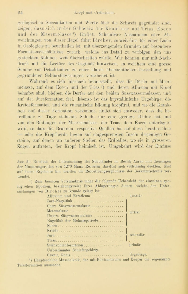 geologischen Specialkarten und Werke über die Schweiz gegründet sind, zeigen, dass sich in der Schweiz der Kropf nur auf Trias, Eocen und der Meermolassex) findet. Scheinbare Ausnahmen oder Ab- weichungen von dieser Kegel führt Bircher, so weit dies für einen Laien in Geologicis zu beurtheilen ist. mit überzeugenden Gründen auf besondere Formationsverhältnisse zurück, welche ins Detail zu verfolgen den uns gesteckten Bahnten weit überschreiten würde. Wir können nur mit Nach- druck auf die Lectüre des Originals' hinweisen, in welchem eine grosse Summe von Detailstudien zu einer klaren übersichtlichen Darstellung und gegründeten Schlussfolgerungen verarbeitet ist. Während es sich hiernach herausstellt, dass die Dörfer auf Meer- molasse, auf dem Eocen und der Trias 2) und deren Alluvien mit Kropf behaftet sind, bleiben die Dörfer auf den beiden Süsswassermolassen und auf der Juraformation frei. Ebenso ist das krystallinische Urgebirge, die Kreideformation und die vulcanische Bildung kropffrei, und wo die Krank- heit auf dieser Formation vorkommt, findet sich entweder, dass die be- treffende zu Tage stehende Schicht nur eine geringe Dichte hat und von den Bildungen der Meeresmolasse, der Trias, dem Eocen unterlagert wird, so dass die Brunnen, respective Quellen bis auf diese herabreichen — oder die Kropfherde liegen auf eingesprengten Inseln derjenigen Ge- steine, auf denen an anderen Stellen des Erdballes, wo sie in grösseren Zügen auftreten. der Kropf heimisch ist. Umgekehrt wird der Einfluss dass die Resultate der Untersuchung der Schulkinder im Bezirk Aarau und diejenigen der Musterungsrollen von 1270 Mann Recruten daselbst sich vollständig deckten. Erst auf dieses Ergebniss hin wurden die Recrutirungsergebnisse der Gesammtschweiz ver- wendet. >) Zum besseren Verständnis möge die folgende Uebersicht der einzelnen geo- logischen Epochen, beziehungsweise ihrer Ablagerungen dienen, welche den Unter- suchungen von Bircher zu Grunde gelegt ist: Alluvium und Erraticum quartär \ Jura-Nagel fl uh Obere Siisswassermolasse Meermolasse Untere Süsswassermolasse Nagelfluh der Molasseperiode Eocen Kreide Jura Trias Steinkohlenformation primär Unbestimmtes Schiefergebirge Granit, Gneis Urgebirge. 2) Hauptsächlich Muschelkalk, der mit Buntsandstein und Keuper die sogenannte Triasformation ausmacht. tertiär secundär