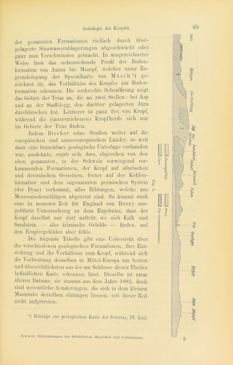der genannten Formationen vielfach durch über- gelagerte Süsswasserablagerungen abgeschwächt oder ganz zum Verschwinden gebracht. In ausgezeichneter Weise lässt das nebenstehende Profil der Boden- formation von Aarau bis Mumpf, welches unter Zu- grundelegung der Specialkarte von M ö s c h x) ge- zeichnet ist, das Verhältniss des Kropfes zur Boden- formation erkennen. Die senkrechte Schraffirung zeigt das Gebiet der Trias an, die an zwei Stellen: bei Asp und an der Staffelegg, den darüber gelagerten Jura durchbrochen hat. Letzterer ist ganz frei von Kropf, während die (unterstrichenen) Kropfherde sich nur im Gebiete der Trias finden. Indem Bircher seine Studien weiter auf die europäischen und aussereuropäischen Länder, so weit dazu eine brauchbare geologische Unterlage vorhanden war, ausdehnte, ergab sich, dass, abgesehen von den oben genannten, in der Schweiz vorwiegend vor- kommenden Formationen, der Kropf auf sibirischen und devonischen Gesteinen, ferner auf der Kolilen- formation und dem sogenannten permischen System 2 (der Dyas) vorkommt, alles Bildungen, welche aus « Meeresniederschlägen abgesetzt sind. So kommt auch eine in neuester Zeit für England von Berry aus- geführte Untersuchung zu dem Ergebniss, dass der Kropf daselbst nur dort auftritt, wo sich Kalk und Sandstein — also triasische Gebilde — finden, auf den Eruptivgebilden aber fehle. Die folgende Tabelle gibt eine Uebersicht über die verschiedenen geologischen Formationen, ihre Ent- stehung und ihr Verhältniss zum Kropf, während sich die Verbreitung desselben in Mittel-Europa am besten und übersichtlichsten aus der am Schlüsse dieses Theiles befindlichen Karte erkennen lässt. Dieselbe ist zwar älteren Datums, sie stammt aus dem Jahre 1883, doch sind wesentliche Aenderungen, die sich in dem kleinen Massstabe derselben eintragen Hessen, seit dieser Zeit nicht aufgetreten. :) Beiträge zur geologischen Karte der Schweiz, IV. Lief. Ewald, Erkrankungen der Schilddrüse, Myxödem und Cretinismus.