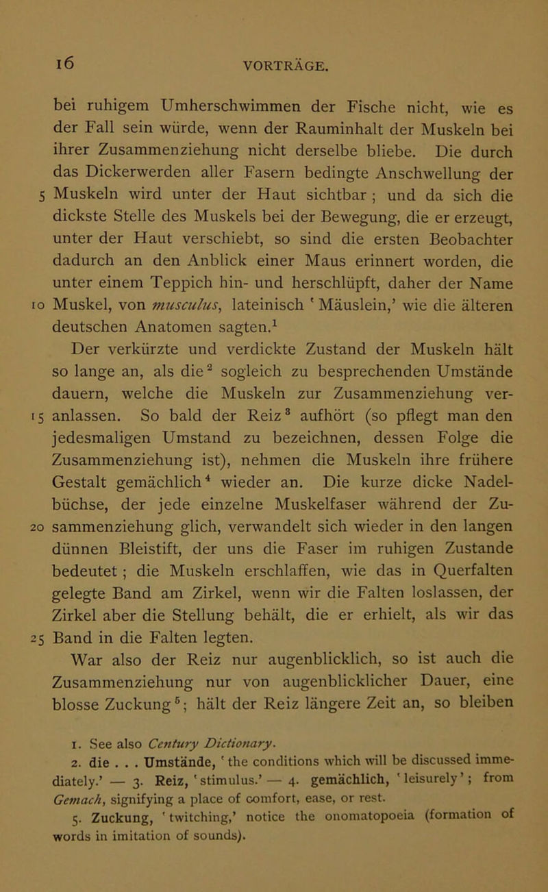 bei ruhigem Umherschwimmen der Fische nicht, wie es der Fall sein würde, wenn der Rauminhalt der Muskeln bei ihrer Zusammenziehung nicht derselbe bliebe. Die durch das Dickerwerden aller Fasern bedingte Anschwellung der S Muskeln wird unter der Haut sichtbar ; und da sich die dickste Stelle des Muskels bei der Bewegung, die er erzeugt, unter der Haut verschiebt, so sind die ersten Beobachter dadurch an den Anblick einer Maus erinnert worden, die unter einem Teppich hin- und herschlüpft, daher der Name IO Muskel, von musculus, lateinisch ' Mäuslein,’ wie die älteren deutschen Anatomen sagten.^ Der verkürzte und verdickte Zustand der Muskeln hält so lange an, als die^ sogleich zu besprechenden Umstände dauern, welche die Muskeln zur Zusammenziehung ver- 15 anlassen. So bald der Reiz® aufhört (so pflegt man den jedesmaligen Umstand zu bezeichnen, dessen Folge die Zusammenziehung ist), nehmen die Muskeln ihre frühere Gestalt gemächlich^ wieder an. Die kurze dicke Nadel- büchse, der jede einzelne Muskelfaser während der Zu- 20 sammenziehung glich, verwandelt sich wieder in den langen dünnen Bleistift, der uns die Faser im ruhigen Zustande bedeutet; die Muskeln erschlaffen, wie das in Querfalten gelegte Band am Zirkel, wenn wir die Falten loslassen, der Zirkel aber die Stellung behält, die er erhielt, als wir das 25 Band in die Falten legten. War also der Reiz nur augenblicklich, so ist auch die Zusammenziehung nur von augenblicklicher Dauer, eine blosse Zuckung®; hält der Reiz längere Zeit an, so bleiben 1. See also Century Dictionary. 2. die . . . Umstände, ' the conditions which will be discussed imme- diately.’ — 3. Reiz, ' Stimulus.’— 4. gemächlich, 'leisurely’; from Gemach, signifying a place of comfort, ease, or rest. 5. Zuckung, ' twitching,’ notice the onomatopoeia (formation of words in imitation of sounds).