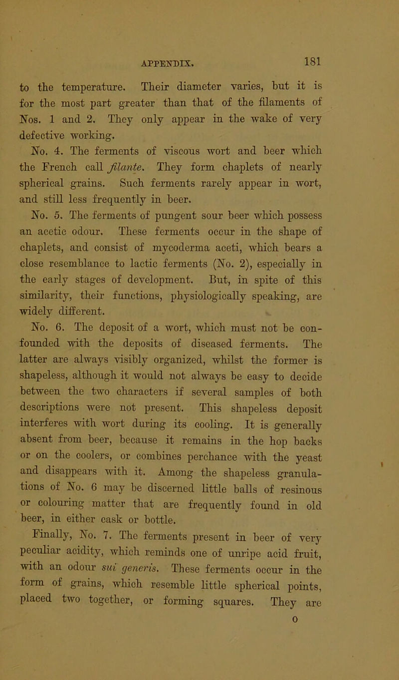 181 to the temperature. Their diameter varies, but it is for the most part greater than that of the filaments of Nos. 1 and 2. They only appear in the wake of very defective working. No. 4. The ferments of viscous wort and beer which the French call filante. They form chaplets of nearly spherical grains. Such ferments rarely appear in wort, and still less frequently in beer. No. 5. The ferments of pungent sour beer which possess an acetic odour. These ferments occur in the shape of chaplets, and consist of mycoderma aceti, which bears a close resemblance to lactic ferments (No. 2), especially in the early stages of development. But, in spite of this similarity, their functions, physiologically spealdng, are widely different. No. 6. The deposit of a wort, which must not be con- founded with the deposits of diseased ferments. The latter are always visibly organized, whilst the former is shapeless, although it would not always be easy to decide between the two characters if several samples of both descriptions were not present. This shapeless deposit interferes with wort during its cooling. It is generally absent from beer, because it remains in the hop backs or on the coolers, or combines perchance with the yeast and disappears with it. Among the shapeless granula- tions of No. 6 may be discerned little balls of resinous or colouring matter that are frequently found in old beer, in either cask or bottle. Finally, No. 7. The ferments present in beer of very peculiar acidity, which reminds one of unripe acid fruit, with an odour sui generis. These ferments occiu in the form of grains, which resemble little spherical points, placed two together, or forming squares. They are o