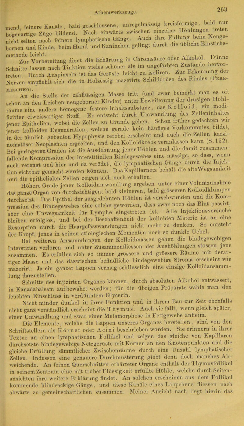 mend feinere Kanäle, bald geschlossene, unregelmässig kreisförmige, bald nur bogetrüge Züge bildend. Nach einwärts zwischen einzelne Höhlungen treten nicht selten noch feinere lymphatische Gänge. Auch ihre Füllung eim euge bornen und Kinde, beim Hund und Kaninchen gelingt durch die übliche Einstichs- metlzt Vorbereitung dient die Erhärtung in Chromsäure oder Alkohol. Dünne Schnitte lassen nach Tinktion vieles schöner als im ungefärbten Zustande hervoi- treten. Durch Auspinseln ist das Gerüste leicht zu isoliren. Zur Erkennung dei Nerven empfiehlt sich die in Holzessig mazerirte Schilddrüse des Rindes ( M1SC An ^die Stelle der zähflüssigen Masse tritt (und zwar bemerkt man es oll schon an den Leichen neugeborner Kinder) unter Erweiterung der drüsigen Hohl- räume eine andere homogene festere Inhaltssubstanz, das K o 11 o i d, ein modi fizirter eiweissartiger Stoff. Er entsteht durch Umwandlung des Zellemnhaltes jener Epithelien, wobei die Zellen zu Grunde gehen. Schon früher gedachten wir jener kolloiden Degeneration, welche gerade kein häufiges Yorkommmss bildet, in der ähnlich gebauten Hypophysis cerebri erscheint und auch die Zellen karzi- nomatöser Neoplasmen ergreifen, und den Kolloidkrebs veranlassen kann (S. 152). Bei geringeren Graden ist die Ausdehnung jener Höhlen und die damit zusammen- fallende Kompression des interstitiellen Bindegewebes eine mässige, so dass wenn auch verengt und hier und da verödet, die lymphatischen Gänge durch die Injek- tion sichtbar gemacht werden können. Das Kapillarnetz behält die alte Wegsamkeit und die epithelialen Zellen zeigen sich noch erhalten. Höhere Grade jener Kolloidumwandlung ergeben unter einer Volumzunahme das ganze Organ von durchsichtigen, bald kleineren, bald grösseren Kolloidklumpen durchsetzt. Das Epithel der ausgedehnten Höhlen ist verschwunden und die Kom- pression des Bindegewebes eine solche geworden, dass zwar noch das Blut passirt, aber eine Unwegsamkeit für Lymphe eingetreten ist. Alle Injektionsversuche bleiben erfolglos, und bei der Beschaffenheit der kolloiden Materie ist an eine Resorption durch die Haargefässwandungen nicht mehr zu denken. So entsteht der Kropf, jenes in seinen ätiologischen Momenten noch so dunkle Uebel. Bei weiteren Ansammlungen der Kolloidmassen gehen die bindegewebigen Interstitien verloren und unter Zusammenfliessen der Aushöhlungen stossen jene zusammen. Es erfüllen sich so immer grössere und grössere Räume mit derar- tiger Masse und das dazwischen befindliche bindegewebige Stroma erscheint wie mazerirt. Ja ein ganzer Lappen vermag schliesslich eine einzige Kolloidansamm- lung darzustellen. Schnitte des injizirten Organes können, durch absoluten Alkohol entwässert, in Kanadabalsam auf bewahrt werden; für die übrigen Präparate wähle man den feuchten Einschluss in verdünntem Glycerin. Nicht minder dunkel in ihrer Funktion und in ihrem Bau zur Zeit ebenfalls nicht ganz verständlich erscheint die Thymus. Auch sie fällt, wenn gleich spätei, einer Umwandlung und zwar einer Metamorphose in Fettgewebe anheim. Die Elemente, welche die Lappen unseres Organes hersteilen, sind von den Schriftstellern als Körner oder Acini beschrieben worden. Sie erinnern in ihrei Textur an einen lymphatischen Follikel und zeigen das gleiche von Kapillaren durchsetzte bindegewebige Netzgerüste mit Kernen an den Knotenpunkten und die gleiche Erfüllung sämmtlicher Zwischenräume durch eine Unzahl lymphatischer Zellen. Indessen eine genauere Durchmusterung giebt denn doch manches Ab- weichende. An feinen Querschnitten erhärteter Organe enthält der Thymusfollikel in seinem Zentrum eine mit trüber Flüssigkeit erfüllte Höhle, welche durch Seiten- ansichten ihre weitere Erklärung findet. An solchen erscheinen aus dem Follikel kommende blindsackige Gänge, und diese Kanäle eines Läppchens fliessen nach abwärts zu gemeinschaftlichen zusammen. Meiner Ansicht nach liegt hierin das