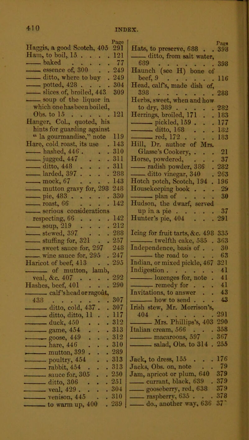 41 0 Haggis, a good Scotch, 405 Ham, to boil, 15 ... . baked essence of, 300 . . ditto, where to buy . potted, 428 . . . . slices of, broiled, 443 . soup of the liquor in which onehasbeenboiled, Obs. to 15 Hanger, Col., quoted, his hints for guarding against “ la gourmandise,” note Hare, cold roast, its use hashed, 446 . . . jugged, 447 . . . ditto, 448 .... larded, 397 .... . mock, 67 .... mutton gravy for, 298 pie, 483 roast, 66 .... serious considerations respecting, 66 ... . . soup, 219 . . . . stewed, 397 . . . stuffing for, 321 . . sweet sauce for, 297 wine sauce for, 295 . Haricot of beef, 413 . . of mutton, lamb, veal, &c. 407 .... Hashes, beef, 401 . . . calf’sheadorragout, 438 ditto, cold, 437 . . ditto, ditto, 11. . duck, 450 . . . game, 454 . . . . — goose, 449 . . . . hare, 446 . . . .. - mutton, 399 . . . poultry, 454 . . rabbit, 454 . . . sauce for, 305 . . ditto, 306 . . . . veal, 429 .... venison, 445 . . Page Hats, to preserve, 688 . . 398 ditto, from salt water, 689 398 Haunch (see H) bone of beef, 9 116 Head, calf’s, made dish of, 398 288 Herbs, sweet, when and how to dry, 389 282 Herrings, broiled, 171 . .183 pickled, 159. . .177 ditto, 168 ... 182 red, 172 .... 183 Hill, Dr. author of Mrs. Glasse’s Cookery, ... 21 Horse, powdered, ... 37 radish powder, 386 . 282 ditto vinegar, 340 . 263 Hotch potch, Scotch, 194 . 196 Housekeeping book ... 29 plan of .... 30 Hudson, the dwarf, served up in a pie 37 Hunter’s pie, 404 . . .291 Icing for fruit tarts,&c. 498 335 twelfth cake, 585 . 363 Independence, basis of . . 30 the road to ... 63 Indian, or mixed pickle, 467 321 Indigestion 41 lozenges for, note . 41 — remedy for . . . 41 Invitations, to answer . . 43 how to send ... 43 Irish stew, Mr. Morrison’s, 404 291 Mrs. Phillips’s, 403 290 Italian cream, 566 . . . 358 macaroons, 597 . 367 salad, Obs. to 314 . 255 Jack, to dress, 155 . . . 176 Jacks, Obs. on, note . . 79 Jam, apricot or plum, 640 379 currant, black, 639 . 379 gooseberry, red, 638 379 raspberry, 635 . . . 378 Pafie 291 121 77 249 249 304 309 121 119 143 310 311 311 288 143 248 330 142 142 212 288 257 248 247 295 292 290 307 307 117 312 313 312 310 289 313 313 250 251 304 310