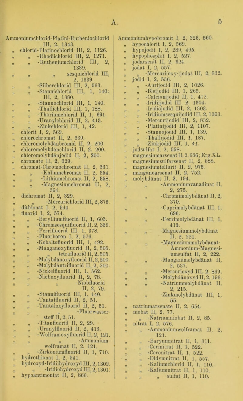 Ammoniumchlorid-Platini-Riitheniochlorid III, 2, 1343. „ chlorid-Platinochlorid III, 2, 1126. „ „ -Rhodiichlorid III, 2, 1271. ., „ -Rutheniuinclilorid III, 2, 1339. „ „ „ sesquichlorid III, 2 1339. „ „ -Silbercblorid lil, 2, 963. „ -Stannichlorid III, 1, 140; III, 2, 1380. „ ,, -Staunochlorid III, 1, 140. ,, ,, -Thallichlorid III, 1, 188. „ ,, -Thoriumchlorid II, 1, 691. „ „ -Uranylchlorid II, 2, 413. „ „ -Ziukchlorid III, 1, 42. „ chlorit I, 2, 569. „ chlorochromat II, 2, 339. „ chloromolybdänbroniid II, 2, 200. „ chloromolybdänchlorid II, 2, 200. „ chloromolybdäujodid II, 2, 200. „ Chromate II, 2, 329. „ chromat-Chromochromat II, 2, 331. „ „ -Kaliumchromat II, 2, 354. „ „ -Lithiumchromat II, 2, 358. „ „ -Magnesiumchromat II, 2, 364. „ dichromat II, 2, 329. „ „ -Mercurichlorid III, 2,873. „ dithionat I, 2, 544. „ fluorid I, 2, 574. „ „ -Berylliumfluorid II, 1, 603. „ „ -Chromsesquifluorid II, 2, 339. „ „ -Ferrifluorid III, 1, 378. „ „ -Fluorboron I, 2, 576. „ ., -Kobaltofluorid III, 1, 492. „ „ -Mangauoxyfluorid II, 2, 505. „ „ „ tetrafluorid II, 2,505. „ „ -Molybdänoxyfluorid 11,2,200. „ „ -Molybdäntrifluorid II, 2, 200. „ „ -Nickelfluorid III, 1, 562. „ ., -Nioboxyfluorid II, 2, 78. „ „ ., -Niobfluorid II, 2, 79. -Stannifluorid III, 1, 140. -Tantalfluorid II, 2, 51. -Tantaloxyfluorid II, 2, 51. „ -Fluorwasser- stoffll, 2, 51. -Titanfluorid II, 2, 29. -Uranylfluorid II, 2, 413. -Wolfranioxyfluorid II, 2, 121. „ -Ammonium- wolframat II, 2, 121. ., „ -Zirkoniumfluorid II, 1, 710. ,, hydrothionat 1, 2, 541. „ hydroxyd-Iridiihydroxyd III, 2,1302. „ „ -IridiohydroxydIII,2,1301. ,, hypoantimoniat II, 2, 866. J5 ?? J? ri Ammoniumhypobromit I, 2, 326, 560. „ bypochlorit I, 2, 569. ,, hypojodit I, 2, 289, 495. „ hypophosphit I, 2, 527. „ jodarsenit II, 2, 624. „ jodat I, 2, 557. „ „ -Mprcuri(oxy-'ijodat III, 2, 832. ,, jodid I, 2, 556. „ „ -Aurijodid III, 2, 1026. „ „ -Bleijodid III, 1, 265. „ „ -Calciumjodid II, 1, 412. „ „ -Iridiijodid III, 2, 1304. ,, „ -Iridiojodid III, 2, 1303. „ „ -Iridiumsesquijodid III, 2,1303. „ „ -Mercurijodid III, 2, 832. „ „ -Platinijodid III, 2, 1107. „ „ -Stannojodid III, 1, 139. „ „ -Thallijodid III, 1, 187. „ „ -Zinkjodid III, 1, 41. „ jodsulfat I, 2, 558. „ magnesi umarsenat II, 2,686; Erg.XL. „ magnesiumsulfarsenat II, 2, 688. „ magnesiumtellurit II, 2, 975. „ manganoarsenat II, 2, 752. „ molybdänat II, 2, 194. „ „ -Ammoniumvanadinat II, 2, 275. . „ „ -Chromimolybdäuat II, 2, 370. „ „ -Cuprimolybdänat III, 1, 696. ., „ -Ferrimolybdänat III, 1, 413. „ „ -Magnesiummolvbdänat II, 2, 221. ‘ „ „ -Magnesiummolybdänat- Ammonium-Magnesi- umsulfat II, 2, 222. „ „ -Manganimolybdänat II, 2, 537. „ „ -Mercurioxyd III, 2, 869. „ „ -Molybdänoxyd II, 2, 196. „ „ -Natriummolybdäuat II, 2, 215. „ „ -Zinkmolybdänat III, 1, 55. natriumarsenate II, 2, 654. niobat II, 2, 77. „ -Natriumuiobat II, 2, 85. nitrat I, 2, 576. „ -Amnioniumwolframat II, 2, 121. „ -Baryumnitrat II, 1, 311. ,, -Cerinitrat II, 1, 522. ., -Ceronitrat II, 1, 522. „ -Didymnitrat II, 1, 557. ,, -Kaliumchlorid II, 1, 110. ,, -Kaliumnitrat II, 1, 110. „ „ Sulfat II, 1, 110.