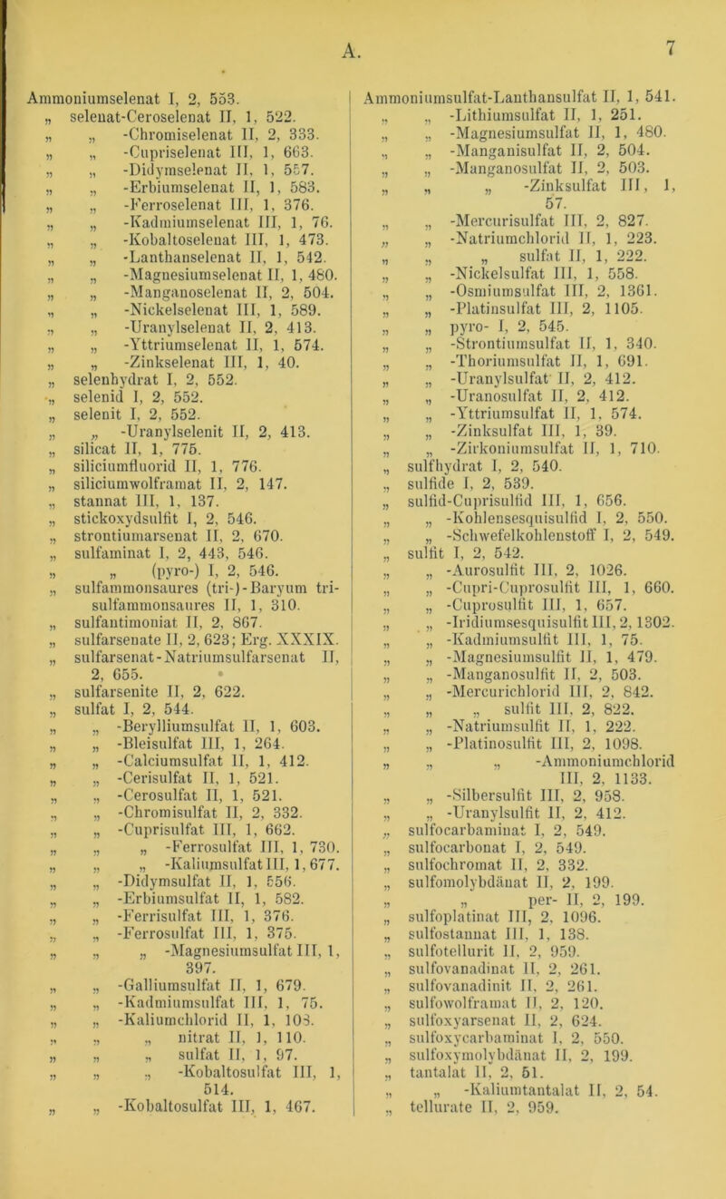 Ammoniumselenat I, 2, 553. „ seleuat-Ceroselenat II, 1, 522. 5’ 5? » » » 51 !J 55 » 57 57 77 77 77 57 7? 77 77 77 77 17 77 -Chromiselenat II, 2, 333. -Cupriselenat III, 1, 663. -Diclymselenat II, 1, 557. -Erbiumselenat II, 1, 583. -Ferroselenat III, 1, 376. -Kadniiumselenat III, 1, 76. -Kobaltoseleuat III, 1, 473. -Lanthanselenat II, 1, 542. -Magnesiuniselenat II, 1,480. -Manganoselenat II, 2, 504. -Nickelselenat III, 1, 589. „ -Uranylselenat II, 2, 413. „ „ -Yttriumselenat II, 1, 574. „ „ -Zinkselenat III, 1, 40. „ selenhyclrat I, 2, 552. „ selenid I, 2, 552. „ selenit I, 2, 552. „ „ -Uranylselenit II, 2, 413. „ Silicat II, 1, 775. „ siliciiimfluorid II, 1, 776. „ siliciumwolframat II, 2, 147, „ Stannat III, 1, 137. „ sticko.xydsiillit I, 2, 546. „ strontiumarseuat II, 2, 670. „ sulfaminat I, 2, 443, 546. ,, „ (pyro-) I, 2, 546. „ sulfammonsaures (tri-)-Baryum tri- sulfaramonsaiires II, 1, 310. „ sulfantiraoniat II, 2, 867. „ siilfarsenate II, 2, 623; Erg. XXXIX. „ sulfarsenat-Natriumsulfarsenat II, 2, 655. sulfarsenite II, 2, 622. „ Sulfat I, 2, 544. „ „ -Berylliumsnlfat II, 1, 603. 57 77 77 77 77 57 77 57 77 -Bleisulfat III, 1, 264. -Calciumsulfat II, 1, 412. -Cerisulfat II, 1, 521. -Cerosulfat II, 1, 521. -Chromisulfat II, 2, 332. „ -Guprisulfat III, 1, 662. ,, „ -Eerrosulfat III, 1, 730. „ „ -Kaliumsulfat III, 1,677. „ -Didymsulfat II, 1, 556. „ -Erbiumsulfat II, 1, 582. „ -Ferrisulfat III, 1, 376. „ -Ferrosulfat III, 1, 375. „ „ -Magnesiumsulfat III, 1, 397. „ ,, -Galliumsulfat II, 1, 679. ,, „ -Kadmiumsulfat III, 1, 75. „ „ -Kaliumcblorid II, 1, 103. ,, nitrat II, 1, 110. „ „ ,, Sulfat II, 1, 97. „ „ -Kobaltosulfat III, 1, 514. „ „ -Kobaltosulfat III, 1, 467. Ammoniumsulfat-Lauthansulfat II, 1, 541. ,, ,, -Lithiumsulfat II, 1, 251. ,, ,, -Magnesiumsulfat II, 1, 480. ,, ,, -Mangauisulfat II, 2, 504, „ „ -Manganosulfat II, 2, 503. „ -Zinksulfat III, 1, 57. „ „ -Mercurisulfat III, 2, 827. „ „ -Natriumchlorid II, 1, 223. „ ,, „ Sulfat II, 1, 222. „ „ -Nickelsulfat 111, 1, 558. ,, „ -Osmiumsulfat III, 2, 1361. „ „ -Platinsulfat III, 2, 1105. „ „ pyro- I, 2, 545. „ „ -Strontiumsulfat II, 1, 340. „ ,, -Thoriumsulfat II, 1, 691. „ „ -Uranylsulfat II, 2, 412. „ „ -Uranosulfat II, 2, 412. „ „ -Yttriumsulfat II, 1, 574. „ „ -Zinksulfat III, 1, 39. „ „ -Zirkoniumsulfat II, 1, 710. „ sulfhydrat I, 2, 540. ,, Sulfide I, 2, 539. „ sulfid-Cuprisulfid III, 1, 656. „ „ -Kohlensesfpiisulfid 1, 2, 550. „ „ -Schwefelkohlenstoff I, 2, 549. „ Sulfit I, 2, 542. ,, „ -Aurosulfit 111, 2, 1026. „ „ -Cupri-Cuprosulfit III, 1, 660. ,, „ -Cuprosulfit III, 1, 657. ,, „ -Iridiumsesquisulfit III, 2,1302. „ „ -Kadmiumsulfit 111, 1, 75. ,, „ -Magnesiumsulfit II, 1, 479. „ „ -Manganosulfit II, 2, 503. „ ,, -Mercurichlorid 111, 2, 842. „ „ ,, sulfit 111, 2, 822. „ „ -Natriumsulfit II, 1, 222. „ ,, -Platinosulfit III, 2, 1098. „ „ -Ammoniumchlorid III, 2, 1133. ,, „ -Silbersulfit III, 2, 958. „ ,, -Uranylsulfit II, 2, 412. „ sulfocarbaminat I, 2, 549. „ sulfocarbouat I, 2, 549. „ sulfochromat II, 2, 332. „ sulfomolybdänat II, 2, 199. „ „ per- II, 2, 199. „ sulfoplatinat III, 2, 1096. „ sulfostaiiuat III, 1, 138. ,, sulfotellurit II, 2, 959. „ sulfovanadinat II, 2, 261. „ sulfovanadinit II, 2, 261. ,, sulfowolframat II, 2, 120. „ sultb.xyarsenat II, 2, 624. „ sulfoxycarbaminat 1, 2, 550. „ sulfoxyrnolybdäuat II, 2, 199. ,, tantalat II, 2, 51. ,, „ -Kaliumtantalat II, 2, 54. ,, tellurate II, 2, 959.