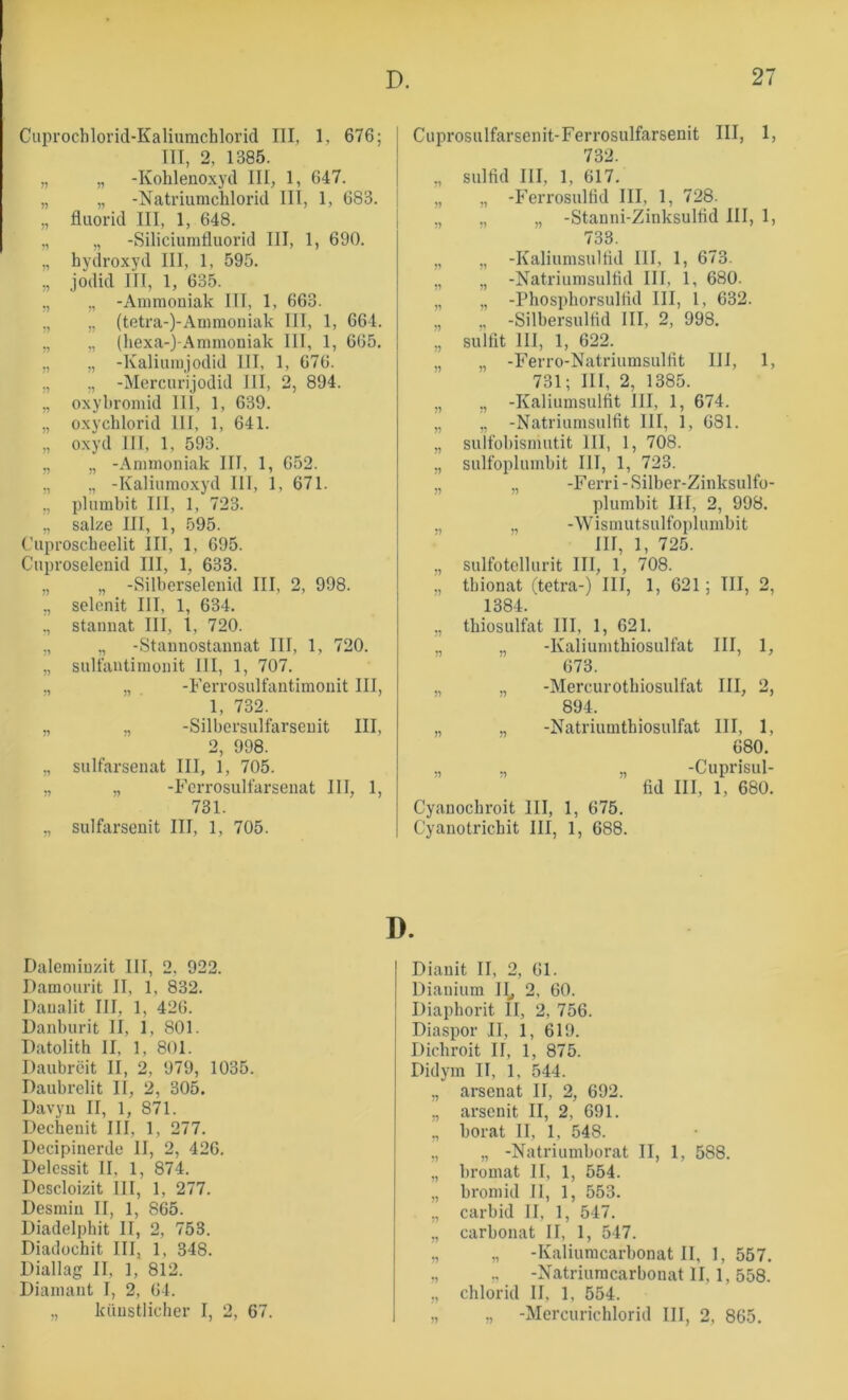 Cuprochlorid-Kaliumchloricl III, 1, 676; III, 2, 1385. „ „ -Kohlenoxyd III, 1, 647. „ „ -Natriumchlorid III, 1, 683. „ fluorid III, 1, 648. ,, „ -Siliciumtluorid III, 1, 690. „ hydroxyd III, 1, 595. „ jodid III, 1, 635. ,, „ -Ammoniak III, 1, 663. „ „ (tetra-)-Ammoniak III, 1, 664. ,, „ (hexa-)-Ammoniak III, 1, 665. „ „ -Kaliumjodid III, 1, 676. ,, ,, -Mercurijodid III, 2, 894. „ oxyhromid III, 1, 639. „ oxychlorid III, 1, 641. „ oxyd III, 1, 593. „ „ -Ammoniak III, 1, 652. „ „ -Kaliumoxyd III, 1, 671. ,, plumhit III, 1, 723. „ salze III, 1, 595. Cuproscheelit III, 1, 695. Cuproselenid III, 1, 633. „ „ -Silhorselenid III, 2, 998. ., selenit III, 1, 634. ., Stannat III, 1, 720. ,, ,, -Stannostannat III, 1, 720. „ sultantimonit III, 1, 707. ., ., -Ferrosulfantimonit III, 1, 732. „ „ -Silbcrsulfarseuit III, 2, 998. ,, sulfarsenat III, 1, 705. ., „ -Forrosullarsenat III, 1, 731. „ sulfarsenit III, 1, 705. Dalemiuzit III, 2, 922. Damourit II, 1, 832. Danalit III, 1, 426. Danhurit II, 1, 801. Datolith II, 1, 801. Daubreit II, 2, 979, 1035. Dauhrelit II, 2, 305. Davyn II, 1, 871. Decheuit III, 1, 277. Decipinerde II, 2, 426. Delessit II, 1, 874. Descloizit III, 1, 277. Desmin II, 1, 865. Diadelphit II, 2, 753. Diadochit III, 1, 348. Diallag II, 1, 812. Diamant I, 2, 64. „ künstlicher I, 2, 67. Cuprosulfarsenit-Ferrosulfarsenit III, 1, 732. „ Sulfid III, 1, 617. „ „ -P’errosulfid III, 1, 728. ., „ „ -Stanni-Zinksulfid III, 1, 733. „ „ -Kaliumsulfid III, 1, 673. „ „ -Natriumsulfid III, 1, 680. „ „ -Phosphorsulfid III, 1, 632. „ ,, -Silbersulfid III, 2, 998. „ Sulfit III, 1, 622. „ „ -Ferro-Natriumsullit III, 1, 731; III, 2, 1385. „ ,, -Kaliumsulfit III, 1, 674. „ „ -Natriumsulfit III, 1, 631. „ sulfohismutit III, 1, 708. „ sulfoplumhit III, 1, 723. „ „ -Ferri - Silber-Zinksulfo- plumbit III, 2, 998. „ -Wismutsulfoplumbit III, 1, 725. ,, sulfotellurit III, 1, 708. ,, thionat (tetra-) III, 1, 621; III, 2, 1384. ,, thiosulfat III, 1, 621. „ „ -Kaliumthiosulfat III, 1, 673. „ „ -Mercurothiosulfat III, 2, 894. „ „ -Natriumthiosulfat 111, 1, 680. ., ., „ -Cuprisul- fid III, 1, 680. Cyanochroit III, 1, 675. Cyanotrichit III, 1, 688. D. Dianit II, 2, 61. Dianium II, 2, 60. Diaphorit II, 2, 756. Diaspor II, 1, 619. Dichroit II, 1, 875. Didym II, 1, 544. „ arsenat II, 2, 692. „ arsenit II, 2, 691. „ horat II, 1, 548. „ „ -Natriumhorat II, 1, 588. „ hromat II, 1, 554. „ hromid II, 1, 553. ,, carhid II, 1, 547. „ carhonat II, 1, 547. ,, „ -Kaliumcarbonat II, I, 557. ,, ., -Natriumcarbonat II, 1, 558. ,, Chlorid II, 1, 554. „ „ -Mercurichlorid III, 2, 865.