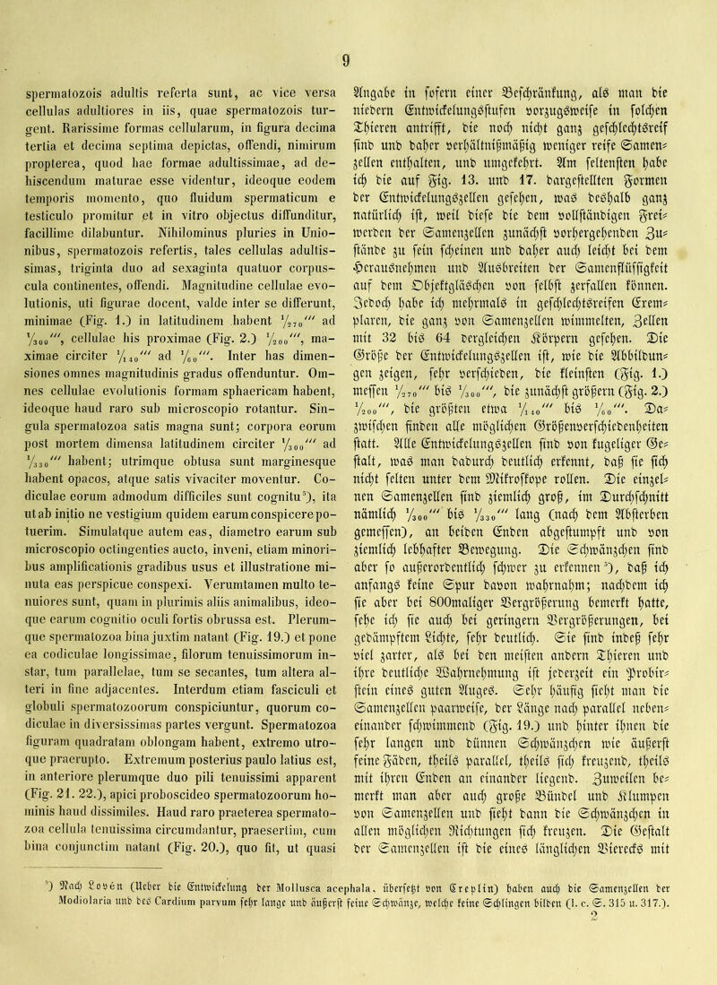 spermatozois adultis referta sunt, ac vice versa cellulas adultiores in iis, quae spermatozois tur- gent. Rarissime formas cellularum, in figura decima tertia et decima septima depictas, offendi, nimirum propterea, quod hae formae adultissimae, ad de- hiscendum maturae esse videntur, ideoque eodem temporis momento, quo fluidum spermaticum e testiculo promitur et in vitro objectus diffunditur, facillime dilabuntur. Nihilominus pluries in Unio- nibus, spermatozois refertis, tales cellulas adultis- simas, triginta duo ad sexaginta quatuor corpus- cula continentes, offendi. Magnitudine cellulae evo- lutionis, uti figurae docent, valde inter se differunt, minimae (Fig. 1.) in latitudinem habent %7o' ad Vido', cellulae his proximae (Fig. 2.) ma- ximae circiter ad %o'. Inter has dimen- siones omnes magnitudinis gradus offenduntur. Om- nes cellulae evolutionis formam sphaericam habent, ideoque haud raro sub microscopio rotantur. Sin- gula spermatozoa satis magna sunt; corpora eorum post mortem dimensa latitudinem circiter */300''' ad V330''' habent; utrimque obtusa sunt marginesque habent opacos, atque satis vivaciter moventur. Co- diculae eorum admodum difficiles sunt cognitu ita ut ab initio ne vestigium quidem earum conspicere po- tuerim. Simulatque autem eas, diametro earum sub microscopio octingenties aucto, inveni, etiam minori- bus amplificationis gradibus usus et illustratione mi- nuta eas perspicue conspexi. Verumtamen multo te- nuiores sunt, quam in plurimis aliis animalibus, ideo- que earum cognitio oculi fortis obrussa est. Plerum- que spermatozoa bina juxtim natant (Fig. 19.) et pone ea codiculae longissimae, filorum tenuissimorum in- star, tum parallelae, tum se secantes, tum altera al- teri in fine adjacentes. Interdum etiam fasciculi et globuli spermatozoorum conspiciuntur, quorum co- diculae in diversissimas partes vergunt. Spermatozoa figuram quadratam oblongam habent, extremo utro- que praerupto. Extremum posterius paulo latius est, in anteriore plerumque duo pili tenuissimi apparent (Fig. 21. 22.), apici proboscideo spermatozoorum ho- minis haud dissimiles. Haud raro praeterea spermato- zoa cellula tenuissima circumdantur, praesertim, cum bina conjunctim natant (Fig. 20.), quo fit, ut quasi SfngaBe tn fofern einer iBefd)ränfung, atö man bte ntebern (SntmicEefungSftnfen »orjugömeife in folc^en 5£f)teren antrijft, bte noc^ nicBt ganj gefc^Iet^t^reif ftnb unb ba^er »erltäUntfmäpig mentger reife ©amen# gellen enthalten, unb nmgefeitrt. Slm feltenften tiabe iä) bie auf giS- 13. unb 17. bargeftellten f^ormen ber ßntmicfelungöjellen gefeften, mag begftalb ganj natürlid) ift, meil biefe bie bem sofiftänbigen merbcn ber ©amenjellen junäd)ft rsor^erge^enben ftanbe ju fein fcf)einen unb baf;er and) leicfit bei bem |)eraugnei)men unb Sfugbreiten ber ©amenpffigf'eit auf bem Dbjeftglägdjen »on felbft verfallen fBnnen. 3ebod) l)abe id) mei)rmalg in gefd;led;tgreifen ©rem# plaren, bie ganj gon ©amenjellen mimmeften, 3eden mit 32 big 64 t)ergleid;en Körpern gefe|)en. Die ©rbfm ber ©ntmideinnggjelien ift, mie bie Slbbifbun# gen jeigen, fepr üerfd)ieben, bie fleinften (gig. 1.) meffen '/-2^0' big %oo', bie Mtnäcpft grbfern (gig. 2.) V200', bie größten etma Yno' big Veo'- Da# jmifd;en finben alle mbglicpen @röpengerfd)iebeni)eiten ftatt. Stile ©ntmidetunggjetten ftnb mm fitgeliger ®e# ftalt, mag man baburd) beutliif) erfennt, baf fie ftc^ nid)t feiten unter bem iKifroffope rollen. Die einjel# nen ©amenjellen ftnb jiemliif) gro^, im Durd;f(fmitt nämli(^ Yioo' big '/330' lang (nad) bem Slbfterben gemeffen), an beiben ©nben abgeftumpft unb oon jiemlic^ lebhafter ©emegung. Die ©(pmänjd;en finb aber fo aufcrorbentlii^ fd;mer ju erfennen^, baf id) anfangg feine ©pur baoon mal^rnapm; nad;bem icp fie aber bei SOOmaliger SSergrbferung bemcrft feite ic^ fie aud) bei geringem S5ergrbferungen, bet gebämpftem Sichte, fe^r beutlii^. ©ie finb inbef fe^r öiel jarter, alg bet ben meiften anbern Dltieren unb ipre beutlid;e SÖaprnepmitng ift jeberjeit ein ^probir# ftein eineg guten Slugeg. ©epr päitftg fiept man bie ©amenjellen paarmeife, ber Sänge nad; parallel neben# einanber fd;mimmenb (gig. 19.) unb pinter ipnen bie fepr langen unb bünncn ©cpmänjcpcn mie äuferft feine gäben, tpeilg parallel, tpeilg fid; freujenb, tpeilg mit ipren ©nben an einanber licgenb. Bumeilen be# nterft man aber aucp grofe SSünbel unb iHumpen »on ©amenjelfen unb fiept bann bie ©cpmänjd;en in aLfen moglid;en 3iid;tnngen ftd; freujen. Die ©eftalt ber ©amcnjellen ift bie eineg länglid;en SSierecfg mit ■’) Stndj Soöen (Ue6er bie (Snttoiiiciung ber Mollusca acephala, überfe^t sion Sreplttt) öudt ©atnenjeflen ber Modiolaria unb be» Cardiuni parvum fefjr lange unb nnfcrft feine Sd)H'nnje, weictie feine ©dilingcn bilbcn (1. c. 315 u. 317.).