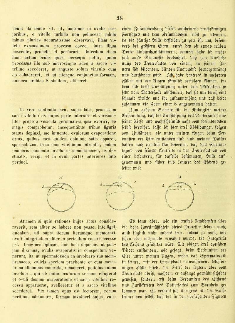 ceum ita tenue sit, ut, imprimis in ovulis ma- joribus , e vitello turbido non pelluceat; nihilo minus pluries accuratissime observavi, illam vi- telli expansionem processu coeco, intra illum nascente, propelli et perforari. Interdum etiam hunc actum oculis quasi persequi potui, quum processus ille sub microscopio adeo a sacco vi- tellino secederet, ut angusto solum vinculo cum eo cohaereret, et ut uter que conjunctus formam, numero arabico 8 similem, efficeret. Ut vero sententia mea, supra lata, processum sacci vitellini ex hujus parte interiore et verisimi- liter prope a vesicula germinativa ipsa exoriri, eo magis comprobetur, insequentibus tribus figuris status depinxi, me intuente, ovulorum evaporatione ortos, quibus mea quidem opinione satis apparet, spermatozoa, in saccum vitellinum intrantia, eodem temporis momento involucro membranaceo, iis de- stinato, recipi et in ovuli partes interiores tuto perduci. einen Bwf'twttten^ang fctefeö anfc^etnenb hruc^fßrmtgen gortfa^eg mit bem j?eimhläöd;en felbft ju erfennen, ba bie häutige |)ülle beffelben ju jart ift, um, befon? berg bei grbfern ßiern, bnrd) ben oft etmad trüben 2)Otter |)inburcf)jufc^immern; bennocft t)abe iift me^r? fac^ aufö ©enauefte beobad;tet, bap jene Sfusbe!^? nung beb 2)otterfacEeb oon einem, in feinem 3n? nern fic^ bilbenben, btinben Stubmudtfe |)eroorgebrängt unb burd)bo^rt mirb. 2e^tereb in me!^reren gälten mit ben Singen fbrrnlicft oerfolgen fbnnen, m bem ftci^ biefe Stubftülpung unter bem SlHfroffope fo fel)r öom ®otterfade abfc^nürte, bo^ fte nur burcl) eine fc^male SSrücfe mit il)r ^ufammen^ing unb bap beibe jufammen bie gorm einer 8 angenommen ^tten. 3um grbfern SSemeife für bie Siic^tigfeit meiner löel^auptung, ba^ bie Slubftülpung beb Dotterfacfeb aub feiner Xiefe unb ma^rfdteinlicl) nafte oom .i^cimbtäbc^en felbft l^errü^rt, laffe id) l)ier brei Slbbilbungen folgen oon Buftänben, bie unter meinen Singen beim S5er? bunften ber ßier entftanben ftnb unb meinem 2)afür? |)alten nac^ jiemtid) flar bemeifen, ba§ bab ©perma# tojoib öon feinem (Eintritte in ben 3)otterfod an »on einer befonbern, für baffelbe beftimmten, ■C’ülle auf^ genommen unb ftc^er in’b 3nnere beb ©c^enb ge? leitet mirb. Attamen si quis rationes hujus actus conside- raverit, rem aliter se habere non posse, intelliget, quoniam, uti supra iterum iterumque memoravi, ovuli integritatem aliter in periculum vocari necesse est. Imagines opticae, hoc loco depictae, ut jam- jam diximus, ovulis evaporatis in conspectum ve- nerunt, ita ut spermatozoon in involucro suo mem- branaceo, calicis speciem praebente et cum mem- brana albuminis concreto, remaneret, petiolus autem involucri, qui ab initio oculorum sensum effugerat et ovuli demum evaporatione et sacci vitellini re- cessu apparuerat, avelleretur et a sacco vitellino secederet. Vix tamen opus est lectorem, rerum peritum, admonere, formam involucri hujus, cali- (Jb fann aber, tute ein ernfteb 91ad)benfen über bie f)o]^e Sn^ecfniaflgfelt blefeb ^rojeffeb leftren nuif, aud) füglid) nlc^t anberb fein, inbem ja fonft, iule fcj)on oben mel)nnalb ertt)äl)nt rourbe, bie 3ntegrltat beb Slijienb gefä^rbet tt)äre. 2)le obigen brei optlfd^en 53llber entftanben, wie gefagt, beim SSerbunften ber 6ier unter meinen Stugen, wobei bab ©permatojoib in feiner, mit ber Giweipliaut oerwad;fenen, feld;för? migen -^üUe blieb, ber ©tiel ber le^tern aber »om 2)otterfade abrip, nac^bem er anfangb garnid;t fte^tbar gewefen, fonbern erft beim Serbunften beb ©c^enb unb BuriWUflctt beb 2)otterfadeb jum S3orfd)ein ge? fommen war. (Eb oerftel^t ftd) übrigenb für ben ©ac^? fenner oon felbft, baf bie in ben oorftef)enben giguren