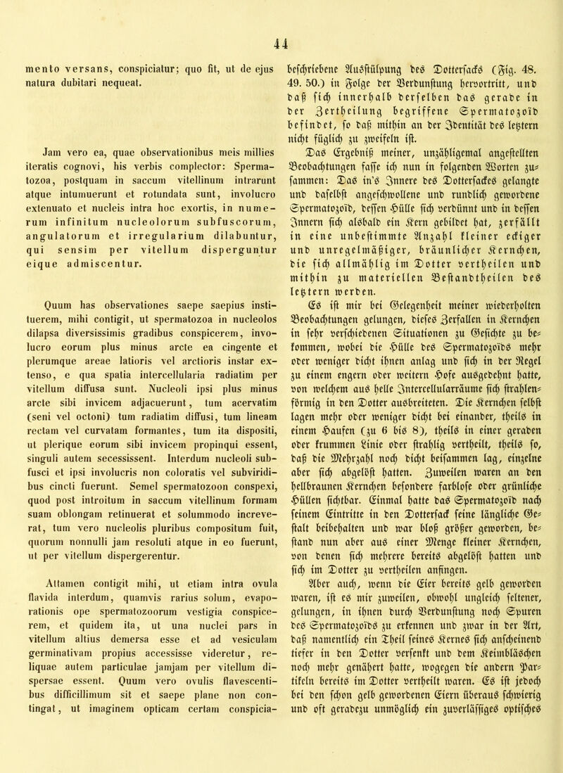 mento versans, conspicialur; quo fit, ut de ejus natura dubitari nequeat. Jam vero ea, quae observationibus meis millies iteratis cognovi, his verbis complector: Sperma- tozoa, postquam in saccum vitellinum intrarunt atque intumuerunt et rotundata sunt, involucro extenuato et nucleis intra hoc exortis, in nume- rum infinitum nucleolorum subfuscorum, angulatorum et irregularium dilabuntur, qui sensim per vitellum disperguntur eique admiscentur. Quum has observationes saepe saepius insti- tuerem, mihi contigit, ut spermatozoa in nucleolos dilapsa diversissimis gradibus conspicerem, invo- lucro eorum plus minus arcte ea cingente et plerumque areae latioris vel arctioris instar ex- tenso, e qua spatia intercellularia radiatim per vitellum diffusa sunt. Nucleoli ipsi plus minus arcte sibi invicem adjacuerunt, tum acervatim (seni vel octoni) tum radiatim diffusi, tum lineam rectam vel curvatam formantes, tum ita dispositi, ut plerique eorum sibi invicem propinqui essent, singuli autem secessissent. Interdum nucleoli sub- fusci et ipsi involucris non coloratis vel subviridi- bus cincti fuerunt. Semel spermatozoon conspexi, quod post introitum in saccum vitellinum formam suam oblongam retinuerat et solummodo increve- rat, tum vero nucleolis pluribus compositum fuit, quorum nonnulli jam resoluti atque in eo fuerunt, ut per vitellum dispergerentur. Attamen contigit mihi, ut etiam intra ovula flavida interdum, quamvis rarius solum, evapo- rationis ope spermatozoorum vestigia conspice- rem, et quidem ita, ut una nuclei pars in vitellum altius demersa esse et ad vesiculam germinativam propius accessisse videretur, re- liquae autem particulae jamjam per vitellum di- spersae essent. Ouum vero ovulis flavescenti- bus difficillimum sit et saepe plane non con- tingat , ut imaginem opticam certam conspicia- befc^riebcne Slu^ftülpung beö Sotterfadö (gtg. 48. 49. 50.) in golge ber SSerbunftung bersortntt, unb baf ftc^ inner^talb berfelbcn bag gerabe in ber 3ertl)eilung begriffene ©perntatogoib befinbet, fo bap mitbin an ber 3bentität be^ ie^tern nicbt fuglitb jn jmeifeln ifi. T)a^ ßrgebnif meiner, unjäbligemot angeftefften SÖeoba^tungen faffe icb nun in folgenben Porten ju? fammen: X>ag in’ö 3nnere beö 2)otterfarfe^ gelangte unb bafelbft angeftbmollene unb runblicb gcmorbene 0permatojoib, beffen •^ülle ftcb uerbünnt unb in beffen 3nnern ft^ alöbalb ein .^ern gebilbet bat/ j er fällt in eine unbeftimmte ^njabl Heiner ediger unb unregelmäßiger, bräunlicher ^erncßen, bie ficb allmäblig im Dotter oertbeilen unb mitbin ju materiellen ®eftanbtbeilen be^ le^tern merben. (Sg ift mir bei Gelegenheit meiner mieberbolten ^Beobachtungen gelungen, biefeö 3ftfallen in Kernchen in febr tjerfchiebenen Situationen ju Geficbte ju be# fommen, wobei bie -^üUe beg ©permatojoibö mehr Ober weniger bicbt ihnen anlag unb ft^ in ber Siegel gu einem engem ober weitern |>ofe auögebebnt batte, »on welchem auö belle 3ntercellularräume ftrablen# fbrmig in ben Dotter auöbreiteten. Die .ternchen felbft lagen mehr ober weniger bicbt bei einanber, tbeilö in einem -Raufen (gu 6 biö 8), tbeilö in einer geraben ober frummen ?inie ober ftrablig oertbeilt, tbeil^ fo, baß bie 9)iebrgabl noch bicht beifammen lag, eingelne aber ftch abgelöft hatten. 3utneilen waren an ben hellbraunen Kernchen befonbere farblofc ober grünliche •füllen fichtbar. Einmal batte baö Spermatogoib nach feinem Eintritte in ben Dotterfadf feine längliche ®e^ ftalt beibebalten unb war bloß größer geworben, be# ftanb nun aber au^ einer SDienge Heiner .fernchen, »on benen ficß mehrere bereite abgelöft hatten unb ftch im Dotter gu »ertbeilen anßngen. Slber auch, wenn bie (Jier bereite gelb geworben waren, ift eg mir guweilen, obwohl ungleich feltener, gelungen, in ihnen burch SSerbunftung nocß ©puren beg ©permatogoibg gu erfennen unb gwar in ber Slrt, baß namentlich ein Xb^il feineg Äerneg ßcß anf^einenb tiefer in ben Dotter oerfenft unb bem ^eimblägdben nod) mehr genähert hatte, wogegen bie anbern ^ar# tifeln bereitg im Dotter bertheilt waren. Gg ift jeboch bei ben fcßon gelb geworbenen Giern überaug fcßwierig unb oft gerabegu unmöglich ein guoerläffigeg optifcßeg