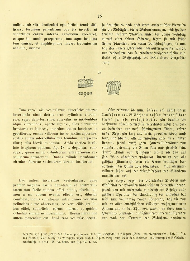 nullas, sub vitro lenticulari ope forficis tenuis dif- fissas, forciputn parvularum ope ita inverti, ut superficies earum interna extrorsum spectaret, easque hoc modo praeparatas, tum aqua instillata tum omissa, et amplificatione lineari trecentesima adhibita, inspexi. 78 a. ©©©©© c Tum vero, nisi vesicularum superficies interna invertendo nimis detrita erat, cylindros vibrato- rios, supra depictos, simul cum ciliis, iis insidentibus atque vibrantibus, aperte dignovi, illos plerumque breviores et latiores, interdum autem longiores et graciliores, omnes villorum instar juxtim appositos, spatiis autem intercellularibus tenuibus interjacen- tibus; cilia brevia et tenuia. Acido acetico instil- lato imaginem opticam, fig. 78. c. depictam, con- spexi, quum nuclei cylindrorum vibratoriorum re- solutorum apparerent. Omnes cylindri membranae circulari fibrosae vesicularum directe insederunt. Hac autem inversione vesicularum, quae propter magnam earum densitatem et contractili- tatem non facile quidem effici potuit, pluries ta- men a me eodem eventu effecta est, dilucide conspexi, motus vibratorios, intra omnes vesiculas pellucidas a me observatos, re vera ciliis gracili- bus effici, superficiei earum internae et quidem cylindris vibratoriis insidentibus. Iterum iterumque autem monendum est, haud raro vesiculas occur- fo beburfte el boc^ not^ emeg aut^entifc^en Setueifeö fur bte 9fid)tigfeit btefer Sa^rncl^mungen. 3^ fpaltetc begf)afb itte^^rere S3Iagd)m unter ber ?oupe »orftdfttig mittelft einer feinen ©dteere, fef)rte fie mit -^iUfe ffeiner ^incetten, mie einen ■§anbfci)uf)finger, fo um, baf i|re innere Dberffacf)e nad) aufen gemenbet murbe, unb beobad;tete baö fo erf;altene Präparat t^eilö mit, f^eifg of)ne Sßafferjufa^ bei 300maliger SSergröfe^ rung. L •C>ier erfannte iä) nun, fofern ici^ nid;t beim Umfe^ren beö S3Iäöd;eu6 bejfen innere ©ber^ fläd)e p febr »erlebt l^atu, fe!^r beutlid) bie oorfte^enb abgebilbeten glimmercplinber nebft ben bar# an baftenben unb nod) fd)mingenben ßilien, erfterc in ber Siegel fel)r fur^ unb breit, jumeilen jeboeb aud; lang unb fd;mal, alle jottenfbrmig nabe an einanber liegenb, jebod) burtb jarte 3ntercellularräume »ou einanber getrennt; bie Silien furj unb jiemlid; fein. Durd) 3uftt^ sott Gffigfaure erhielt id) bad auf gig. 78. c. abgebilbete Präparat, iubem in ben ab# gelbften g^tmmercplinbern bie .!?erne beutlid)er »ortraten, bie dilien aber febmanben. Sille gUmmer# cplinber fafen auf ber Diingfaferbaut bed S3läd(^end unmittelbar auf. Die obige, megen ber bebeutenben Derbbeit unb Glafticität ber SSladd^en nicht leid;t ju bemerfftelligenbe, jebod; »on mir mebrmald mit bemfelben Srfolge aud# geführte Operation ber Umftülpung ber SSlädeben b^tl mich nun »oUftänbig baoon überzeugt, bah bie »on mir an allen burd;ficbtigen SSlädd^en mabrgenommene glimmerung in ber Stb'Jl jarten, an ihrer innern Oberfläd;e befeftigten, auf glimmercplinberu auffibenben unb nad; bem ß^entrum bed SSlädebend gerid;teten nach SStfeboff btc 3eÜEn beg Discus proligerus int reifen CEierüoef^ei öerlnngcrn (Sntw. beS Ännincijeneieg, Sfnf. II. Sig. 15; .^tmbeci, 3inf. 1. Sig. 4; 5D?eevfcbWeind)en, ilnf. I. 5ig. 2. Sergl and; ^tcllifev, Beiträge jur fl’enntnif ber @efiblcd;tb« »erbaitniffe k. 1841, 33. 5lnm. unb gig. 12. 1. c.).