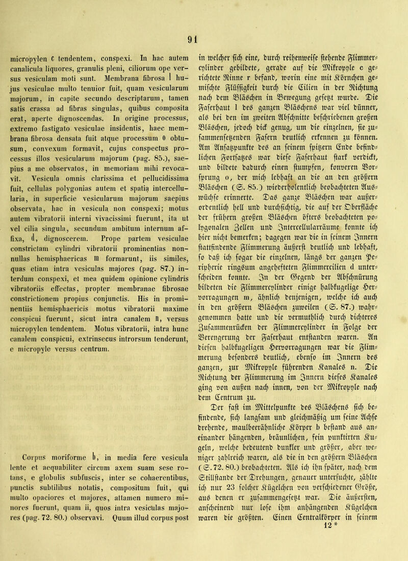 micropylen C tendentem, conspexi. In hac autem canalicula liquores, granulis pleni, ciliorum ope ver- sus vesiculam moti sunt. Membrana fibrosa 1 hu- jus vesiculae multo tenuior fuit, quam vesicularum majorum, in capite secundo descriptarum, tamen salis crassa ad fibras singulas, quibus composita erat, aperte dignoscendas. In origine processus, extremo fastigato vesiculae insidentis, haec mem- brana fibrosa densata fuit atque processum 0 obtu- sum, convexum formavit, cujus conspectus pro- cessus illos vesicularum majorum (pag. 85.), sae- pius a me observatos, in memoriam mihi revoca- vit. Vesicula omnis clarissima et pellucidissima fuit, cellulas polygonias autem et spatia intercellu- laria, in superficie vesicularum majorum saepius observata, hac in vesicula non conspexi; motus autem vibratorii interni vivacissimi fuerunt, ita ut vel cilia singula, secundum ambitum internum af- fixa, d, dignoscerem. Prope partem vesiculae constrictam cylindri vibratorii prominentias non- nullas hemisphaericas in formarunt, iis similes, quas etiam intra vesiculas m.ajores (pag. 87.) in- terdum conspexi, et mea quidem opinione cylindris vibratoriis effectas, propter membranae fibrosae constrictionem propius conjunctis. His in promi- nentiis hemisphaericis motus vibratorii maxime conspicui fuerunt, sicut intra canalem n, versus micropylen tendentem. Motus vibratorii, intra hunc canalem conspicui, extrinsecus introrsum tenderunt, e micropyle versus centrum. Corpus moriforme b, in media fere vesicula lente et aequabiliter circum axem suam sese ro- tans, e globulis subfuscis, inter se cohaerentibus, punctis subtilibus notatis, compositum fuit, qui multo opaciores et majores, attamen numero mi- nores fuerunt, quam ii, quos intra vesiculas majo- res (pag. 72. 80.) observavi. Ouum illud corpus post tn ml^n ftcb eme, Hxä) ret^enweffe fte^enbe gUmmeri cpKnber gebtlbete, gerate auf bte SUifroppIe c ge# richtete SIinne r befanb, worin eine mit Äbrncfjen ge# mifc^te burd) bte Stilen tn ber 9iicbtung nad) betn SSlägcben tn Bewegung gefegt würbe. 2)tc f^aferfjaut 1 beg ganzen S3(agi|eng war olel bünner, alg bet ben tm j^weüen Slbfdtnüte befifjrtebenen großen S3lägd)en, feboc^ bld genug, um bte etnjelnen, fte ju# fammenfe^enben gafevn beutltcf) erfennen ^u fönnen. Slm älnfa^punfte beg an fernem fpt^ern Snbe beftnb# Kdjen gwtfa^eg war blefe gaferbaut ftarf oerbldt, unb bilbete babur^ einen ftumpfen, fonoeren S3or# fprung o, ber mtd) lebhaft an bte an ben grbfern S5lägd)en (<S. 85.) wleber^olentllcf) beobad)teten 5lug# wüd)fe erinnerte. 3)ag ganje S3lägc^en war auper# orbentlld) l^ell unb burc^fld)tlg, ble auf ber Oberfläche ber frühem großen SSlägthen ofterg beobachteten po# Ipgonalen Bellen unb Bntercellularräume fonnte id) hier nicht bemerfen; bagegen war ble ln feinem Snnern ftattflnbenbe gllmmerung äuherft beutllih unb lebhaft, fo bah tih fogar ble einzelnen, längg ber ganzen 5^e# rlpherle rlnggum angehefteten glttnmerclllen d unter# f^telben fonnte. 3tt ber (Siegenb ber Slbfihnürung bllbeten ble glltnmercpllnber einige halbfugellge -^er# oorragungen m, ähnlich benjenlgen, welche Ich auch ln ben grbhern SSlägchen juwellen (©. 87.) wahr# genommen hatte unb ble oermuthllch burch bld)tereg Bufammenrücfen ber gllmmercpllnber ln golge ber Verengerung ber gaferhaut entftanben waren. 3ln blefen halbfugellgen |)eroorragungen war ble gllm# merung befonberg beutllch, ebenfo 1m 3nnern beg ganzen, jur SUlfropple führenben .^analeg n. Oie Silchtung ber gllmmerung Im 3nnern blefeg j?analeg ging oon aufen nach Innen, oon ber SUlfropple nach bem Sentrum ju. 2)er faft Im SWlttelpunfte beg Vlägcheng fleh be# ftnbenbe, fleh langfam unb gleld)mäflg um feine 5lchfe brehenbe, maulbeer ähnliche Äbrper b beftanb aug an# elnanber hängenben, bräunlichen, fein punftlrten j^u# geln, welche bebeutenb bunfler unb grbfer, aber we^ nlger jahlrelfh waren, alg ble ln ben grbfern Vlägchen (0.72. 80.) beobachteten. 5llg Ich Ihnfpäter, nach bem ©tlUftanbe ber Drehungen, genauer unterfud;te, jählte Id) nur 23 fold)er .fügeichen oon oerfchlebener (^röfe, aug benen er jufammengefeht war. Die äuferften, mifchelnenb nur lofe Ihm anl)ängenben Kügelchen waren ble gröften. Slnen Sentralfbrper ln feinem