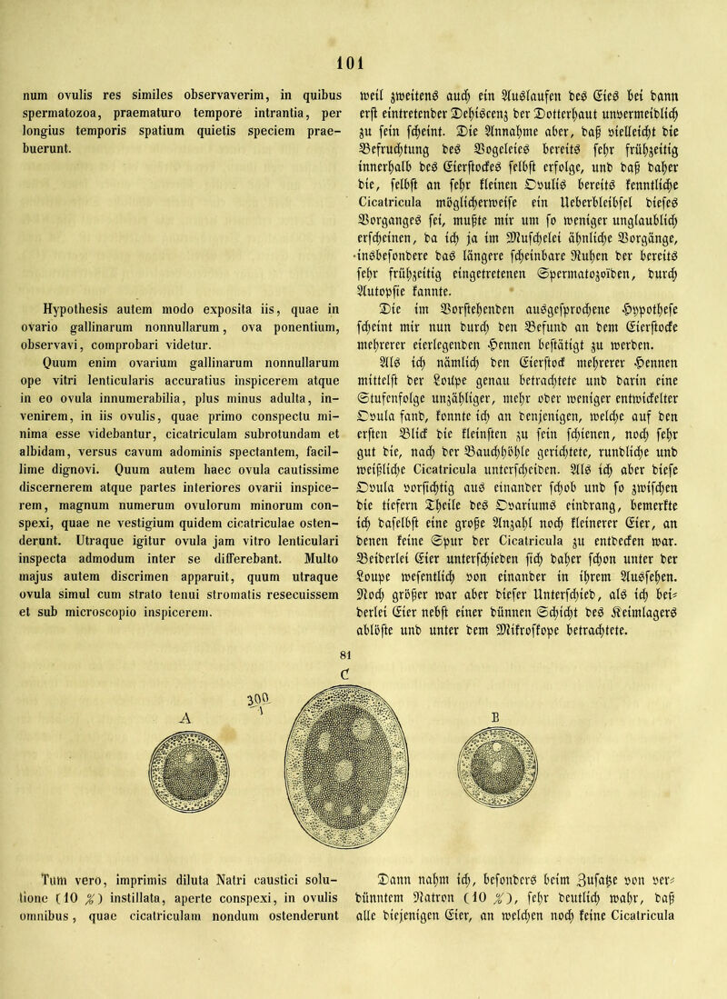 num ovulis res similes observaverim, in quibus spermatozoa, praematuro tempore intrantia, per longius temporis spatium quietis speciem prae- buerunt. Hypothesis autem modo exposita iis, quae in ovario gallinarum nonnullarum, ova ponentium, observavi, comprobari videtur. Ouum enim ovarium gallinarum nonnullarum ope vitri lenticularis accuratius inspicerem atque in eo ovula innumerabilia, plus minus adulta, in- venirem, in iis ovulis, quae primo conspectu mi- nima esse videbantur, cicatriculam subrotundam et albidam, versus cavum adominis spectantem, facil- lime dignovi. Quum autem haec ovula cautissime discernerem atque partes interiores ovarii inspice- rem, magnum numerum ovulorum minorum con- spexi, quae ne vestigium quidem cicatriculae osten- derunt. Utraque igitur ovula jam vitro lenticulari inspecta admodum inter se differebant. Multo majus autem discrimen apparuit, quum utraque ovula simul cum strato tenui stromatis resecuissem et sub microscopio inspicerem. jwetten^ auc^ etn 5lu^laufert be0 ©eö bet bann erjf eintretenber IDel^t^cenj ber 3)otter!^aut unnermdbltc^ gu fein [d^eint. 2)te 5lnna^me aber, bap öieEetd^t bte S3efrucf)tung beö SSogeleteg bereite fe^)r früfijeifig innerl^alb beö ßierftodfeö felbft erfolge, unb baf halber bie, felbft an fe^r f(einen Doultö bereite fenntlicfie Cicatricula ntbgltc^erttJetfe ein Ueberbleibfel biefeö SSorgangeö fei, mu^te mir um fo meniger unglaublid; erf(f)einen, ba iä) ja im 21iufc^elei ähnliche SSorgänge, •inebefonbere baö längere fcfjeinbare 9iul)en ber bereite fef)r frü^jeitig eingetretenen ©permatojoiben, burd^ Stutopfie fannte. 2)ie im SSorfte^enben auögefproefiene ^ppot^efe fifieint mir nun burd; ben SSefunb an bem ßierftocfe mef)rerer eierlegenben -Rennen beftätigt ju merben. 3llg i^ nämlicf) ben ßierftocE mef)rerer |»ennen mittelft ber SoUpe genau betrachtete unb barin eine Stufenfolge unzähliger, mehr ober meniger entmicielter ©oula fanb, fonnte i^ an benjenigen, melche auf ben erften SSlicf bie fleinften z« fein fchienen, nod^ fehr gut bie, nad^ ber ^auchhbhle gerid^tete, runbliche unb meihliche Cicatricula untcrfd)ciben. 3llö ich aber biefe Doula »orjtchtig auP einanber fchob unb fo zwifd^en bie tiefem SLheile beg DoariumP einbrang, bemerfte idh bafelbft eine grofe Slnzahl nodh fleinerer @ier, an benen feine ©pur ber Cicatricula zu entbecfen mar. IBeiberlei (5ier unterfchieben ftch baher fd^on unter ber ?oupe mefentlich oon einanber in ihrem Stuefehen. 9ioch größer mar aber biefer Unterfchieb, ald id) bei# berlei ©er nebft einer bünnen ©chicht beö ^feimlager^ ablbfte unb unter bem Sliifroffope betrachtete. Tum vero, imprimis diluta Natri caustici solu- iDann nahm ich, befonberö beim 3ufahe oon oer# Üone (10 %') instillata, aperte conspexi, in ovulis bünntem 9latron (10 ^), fehr beutlich mahr, baf omnibus, quae cicatriculam nondum ostenderunt aüe biejenigen ©er, an meldhen noch feine Cicatricula