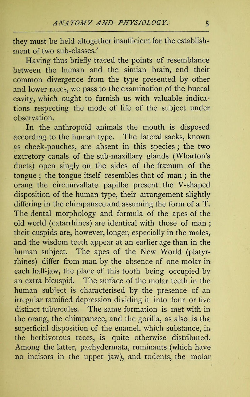 they must be held altogether insufficient for the establish- ment of two sub-classes.’ Having thus briefly traced the points of resemblance between the human and the simian brain, and their common divergence from the type presented by other and lower races, we pass to the examination of the buccal cavity, which ought to furnish us with valuable indica- tions respecting the mode of life of the subject under observation. In the anthropoid animals the mouth is disposed according to the human type. The lateral sacks, known as cheek-pouches, are absent in this species; the two excretory canals of the sub-maxillary glands (Wharton’s ducts) open singly on the sides of the fraenum of the tongue ; the tongue itself resembles that of man ; in the orang the circumvallate papillae present , the V-shaped disposition of the human type, their arrangement slightly differing in the chimpanzee and assuming the form of a T. The dental morphology and formula of the apes of the old world (catarrhines) are identical with those of man ; their cuspids are, however, longer, especially in the males, and the wisdom teeth appear at an earlier age than in the human subject. The apes of the New World (platyr- rhines) differ from man by the absence of one molar in each half-jaw, the place of this tooth being occupied by an extra bicuspid. The surface of the molar teeth in the human subject is characterised by the presence of an irregular ramified depression dividing it into four or five distinct tubercules. The same formation is met with in the orang, the chimpanzee, and the gorilla, as also is this superficial disposition of the enamel, which substance, in the herbivorous races, is quite otherwise distributed. Among the latter, pachydermata, ruminants (which have no incisors in the upper jaw), and rodents, the molar