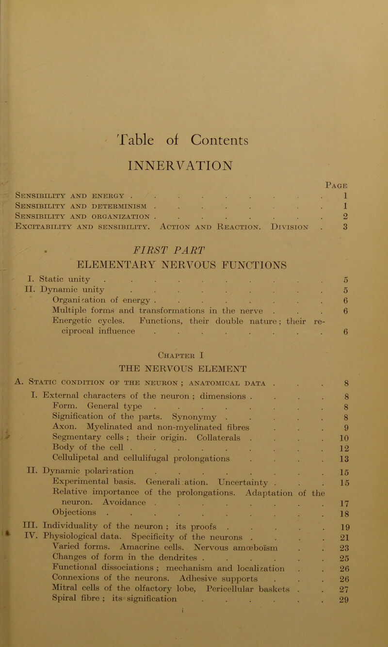 Table of Contents INNERVATION Page Sensibility and energy ......... 1 Sensibility and determinism ........ 1 Sensibility and organization ........ 2 Excitability and sensibility. Action and Keaction. Division . 3 FIRST PART ELExMENTARY NERVOUS FUNCTIONS I. Static unity . ......... 5 II. Dynamic unity ......... 5 Organisation of energy ........ 6 Multifile forms and transformations in the nerve ... 6 Energetic cycles. Functions, their double nature; their re- ciprocal influence ........ 6 Chapter I THE NERVOUS ELEMENT A. Static condition of the neuron ; anatomical data ... 8 I. External characters of the neuron ; dimensions .... 8 Form. General type ........ 8 Signification of the parts. Synonymy ..... 8 Axon. Myelinated and non-myelinated fibres ... 9 Segmentary cells ; their origin. Collaterals . . . .10 Body of the cell . . . . . . . . .12 Cellulipetal and cellulifugal jirolongations . . . .13 II. Dynamic polarisation . . . . . . . .15 Experimental basis. Generali ation. Uncertainty . . .15 Relative importance of the prolongations. Adaptation of the neuron. Avoidance . . . . . . . .17 Objections . . . . . . . . . .18 III. Individuality of the neuron ; its proofs . . . . .19 IV. Physiological data. Specificity of the neurons . . . .21 Varied forms. Amacrine cells. Nervous amoeboism . . 23 Changes of form in the dendrites ...... 25 Functional dissociations ; mechanism and localization . . 26 Connexions of the neurons. Adhesive supports . . .26 Mitral cells of the olfactory lobe, Pericellular baskets . . 27 Spiral fibre ; its signification . . . . . .29 i