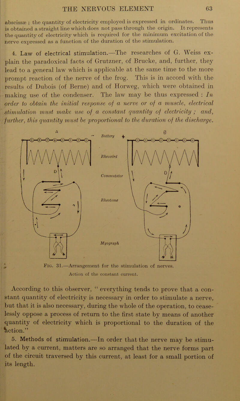 absciss® ; the quantity of electricity employed is expressed in ordinates. Thus is obtained a straight line which does not pass through the origin. It represents the quantity of electricity which is required for the minimum excitation of the nerve expressed as a function of the duration of the stimulation. 4. Law of electrical stimulation.—The researches of G. Weiss ex- plain the paradoxical facts of Grutzner, of Brucke, and, further, they lead to a general law which is applicable at the same time to the more prompt reaction of the nerve of the frog. This is in accord with the results of Dubois (of Berne) and of Horweg, which were obtained in making use of the condenser. The law may be thus expressed : In order to obtain the initial resjoonse of a nerve or of a muscle, electrical ' stimidation must make use of a constant quantity of electricity ; and, f urther, this quantity must he q>roq)ortional to the duration of the discharge. Fig. 31.—Arrangement for the stimulation of nerves. Action of the constant current. According to this observer, “ everything tends to prove that a con- stant quantity of electricity is necessary in order to stimulate a nerve, but that it is also necessary, during the whole of the operation, to cease- lessly oppose a process of return to the first state by means of another quantity of electricity which is proportional to the duration of the Action.” 5. Methods of stimulation.—In order that the nerve may be stimu- lated by a current, matters are so arranged that the nerve forms part of the circuit traversed by this current, at least for a small portion of its length.