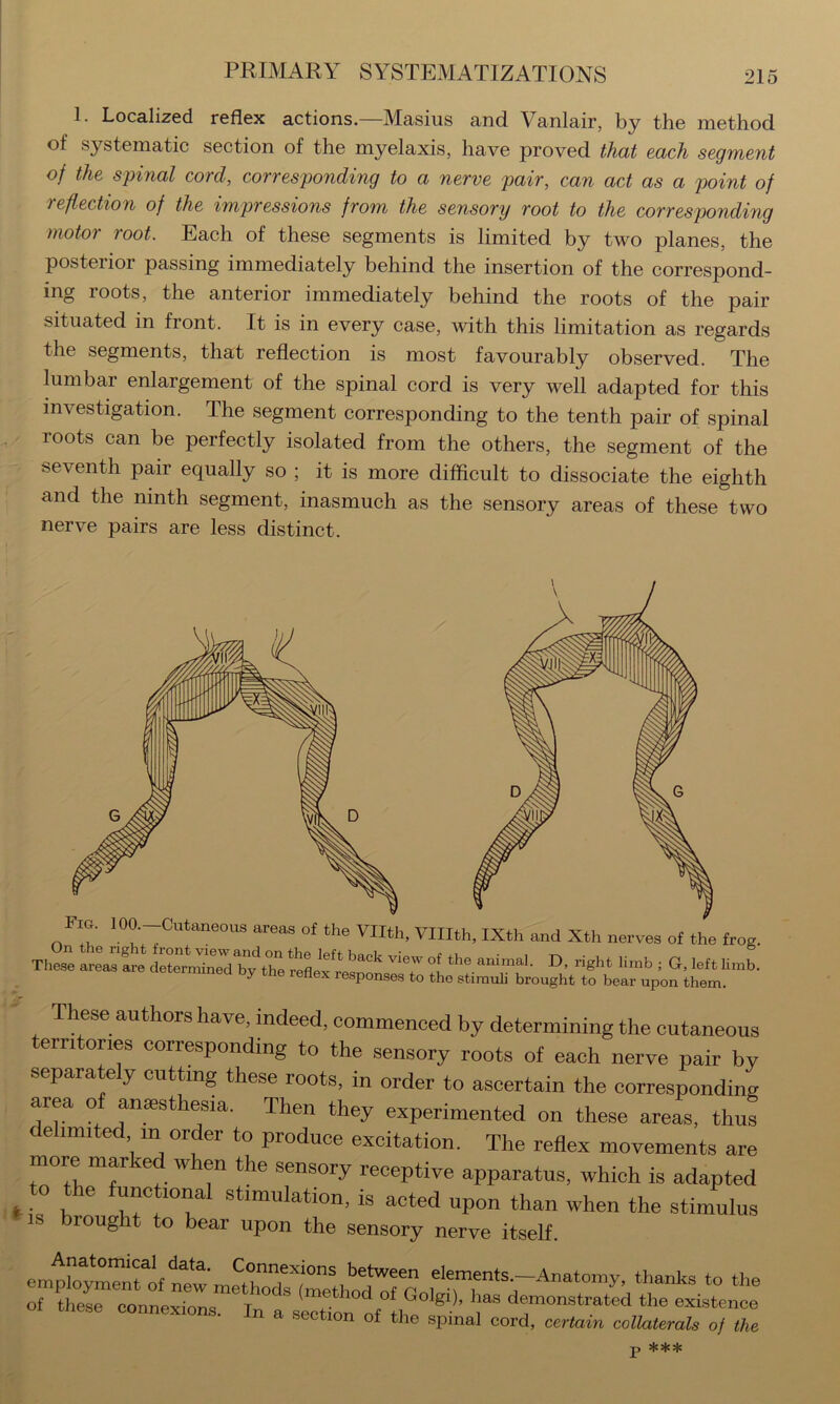 1. Localized reflex actions.—Masius and Vanlair, by the method of systematic section of the myelaxis, have proved that each segment of the spinal cord, corresponding to a nerve pair, can act as a point of reflection of the impressions from the sensory root to the corresponding motor root. Each of these segments is limited by two planes, the posterior passing immediately behind the insertion of the correspond- ing roots, the anterior immediately behind the roots of the pair situated in front. It is in every case, with this limitation as regards the segments, that reflection is most favourably observed. The lumbar enlargement of the spinal cord is very well adapted for this investigation. The segment corresponding to the tenth pair of spinal roots can be perfectly isolated from the others, the segment of the seventh pair equally so ; it is more difficult to dissociate the eighth and the ninth segment, inasmuch as the sensory areas of these two nerve pairs are less distinct. These authors have, indeed, commenced by determining the cutaneous territories corresponding to the sensory roots of each nerve pair by separate y cutting these roots, in order to ascertain the corresponding area of anaesthesia. Then they experimented on these areas, thus e imited in order to produce excitation. The reflex movements are more mar e w en the sensory receptive apparatus, which is adapted to the functional stimulation, is acted upon than when the stimulus IS rought to bear upon the sensory nerve itself. em^m^rYntw elements.-Anatomy, thanks to the of these connexions, it t\ettiot°tf tht°'®'’’ t”* existence section of the spinal cord, certain collaterals of the P ***