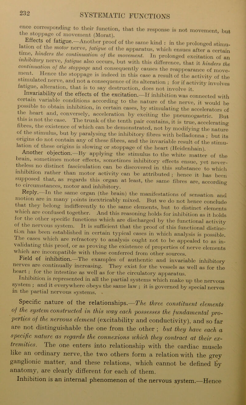 ence corresponding to their function, tliat tlie response is not movement but the stoppage of movement (Morat). Effects of fatigue.—Another proof of the same kind : in the prolonged stimu- iation of the motor nerve, fatigue of the apparatus, wliich ensues after a certain \rne hinders the continuatio7i of the ^novement. In prolonged excitation of an %nh%h%tory nerve, fatigue also occurs, but with this difference, that it hinders the contmuaHon of the stoppage and consequently causes the reappearance of move- ment. Hence the stoppage is indeed in this case a result of the activity of the stimulated nerve, and not a consequence of its alteration ; for if activity involves fatigue, alteration, that is to say destruction, does not involve it. Invariability of the effects of the excitation.—If inhibition was connected with certain variable conditions according to the nature of the nerve, it would be possible to obtain inhibition, in certain cases, by stimulating the accelerators of the heart and, conversely, acceleration by exciting the pneumogastric. But this IS not the case. The trunk of the tenth pair contains, it is true, accelerating fibres, the existence of which can be demonstrated, not by modifying the nature of the stimulus, but by paralysing the inhibitory fibres with belladonna ; but its origins do not contain any of these fibres, and the invariable result of the stimu- lation of these origins is slowing or stoppage of the heart (Heidenhain). Another objection.—By applying the stimulus to the white matter of the brain, sometimes motor effects, sometimes inhibitory effects ensue, yet never- theless no distinct fasciculation can be discovered in this substance to which inhibition rather than motor activity can be attributed ; hence it has been supposed that, as regards this organ at least, the same fibres are, according to circumstances, motor and inhibitory. Reply.—In the same organ (the brain) the manifestations of sensation and motion are m many points inextricably mixed. But we do not hence conclude that they belong indifferently to the same elements, but to distinct elements which are confused together. And this reasoning holds for inhibition as it holds for the other specific functions which are discharged by the functional activity of the nervous system. It is sufficient that the proof of tliis functional distinc- tion has been established in certain typical cases in which analysis is possible. The cases which are refractory to analysis ought not to be appealed to as in- validating this proof, or as proving the existence of properties of nerve elements which are incompatible with those conferred from other sources. Field of inhibition.—The examples of authentic and invariable inliibitory nerves are continually increasing. They exist for the vessels as well as for the eart; for the intestine as well as for'the circulatory apparatus. Inhibition is represented in all the partial systems which make up the nervous system ; and it everywhere obeys the same law ; it is governed by special nerves m the partial nervous systems. % Specific nature of the relationships.—The three constituent elements of the system constructed in this way each possesses the fundamental pro- perties of the nervous element (excitability and conductivity), and so far are not distinguishable the one from the other ; hut they have each a specific nature as regards the connexions which they contract at their ex- tremities. The one enters into relationship with the cardiac muscle like an ordinary nerve, the two others form a relation with the grey ganglionic matter, and these relations, which cannot be defined by anatomy, are clearly different for each of them. Inhibition is an internal phenomenon of the nervous system.—Hence