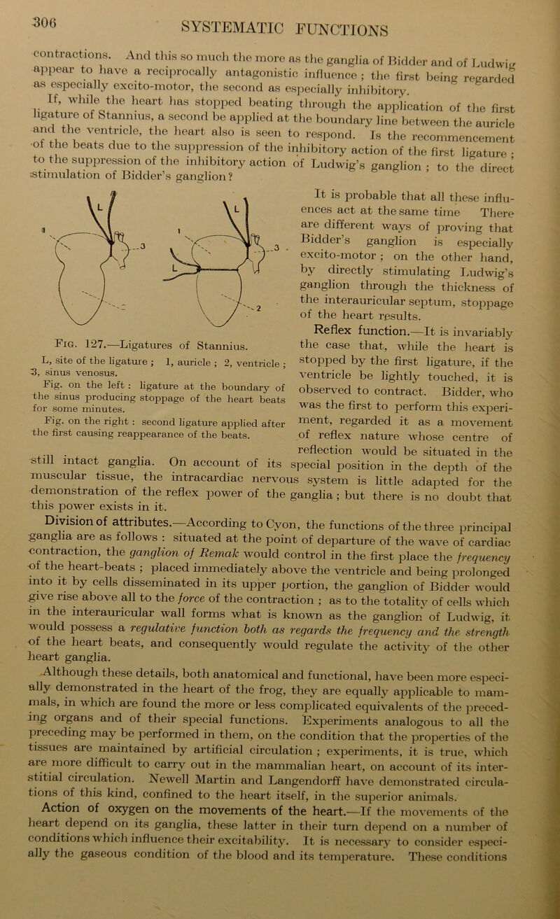 ontiactions. And tins so nmeli the more as the ganglia of Bidder and of Ludwi.r appear to have a reciprocally antagonistic iiinuence ; the first being regarded as especially excito-motor, the second as especially inhibitory. If while the heart has stopped beating through the application of the first ligature of Stannms, a second be ajiplied at the boundary line between the auricle and the ventricle, the heart also is seen to respond. Is tlie recommencement of the beats due to the suppression of the inhibitory action of the first ligature • to the suppression of the inhibitory action of Ludwig’s ganglion; to the direct stimulation of Bidder s ganglion? Fig. 127.—Ligatures of Stannius. L, site of the ligature ; 1, auricle ; 2, ventricle ; 3, sinus venosus. Fig. on the left : ligature at the bormdary of tire sinus producing stoppage of the heart beats for some minutes. Fig. on the right : second ligature applied after the first causing reappearance of the beats. still intact ganglia. On accoimt of its muscular tissue, the intracardiac demonstration of the reflex this power exists in it. It is probable that all these influ- ences act at the same time There are different ways of proving that Bidder s ganglion is e.specially excito-motor ; on the other hand, by directly stimulating lyudwig’s ganglion through the thickness of the interauricular septum, stoppage of the heart results. Reflex function.—It is invariably the case that, while the heart is stopped by the first ligature, if the ventricle be lightly touched, it is observed to contract. Bidder, who was the first to jDerform this experi- ment, regarded it as a movement of reflex nature whose centre of reflection would be situated in the s]Decial position in the depth of the nervous system is little adapted for the jDOwer of the ganglia ; but there is no doubt that Division of attributes.—According to Cyon, the functions of the three principal ganglia are as follows : situated at the point of departure of the wave of cardiac eontraction, the ganglion of Remak would control in the first place the frequency of the heart-beats ; placed immediately above the ventricle and being prolonged into it by cells disseminated in its upjper portion, the ganglion of Bidder would give rise above all to the force of the contraction ; as to the totality of cells which m the interauricular wall forms what is known as the ganglion of Ludwig, it would possess a regulative function both as regards the frequency and the strength of the heart beats, and consequently would regulate the activity of the other heart ganglia. •Although these details, both anatomical and functional, have been more especi- ally demonstrated in the heart of the frog, they are equally applicable to mam- mals, in which are found the more or less complicated equivalents of the preced- ing organs and of their special functions. Experiments analogous to all the preceding may be performed in them, on the condition that the properties of the tissues are maintained by artificial circulation ; experiments, it is true, which are more difficult to carry out in the mammalian heart, on account of its inter- stitial circulation. Newell Martin and Langendorff have demonstrated circula- tions of this kind, confined to the heart itself, in the superior animals. Action of oxygen on the movements of the heart.—If the movements of the heart depend on its ganglia, these latter in their turn depend on a number of conditions which influence their excitability. It is necessary to consider especi- ally the gaseous condition of the blood and its temjierature. These coiuhtions