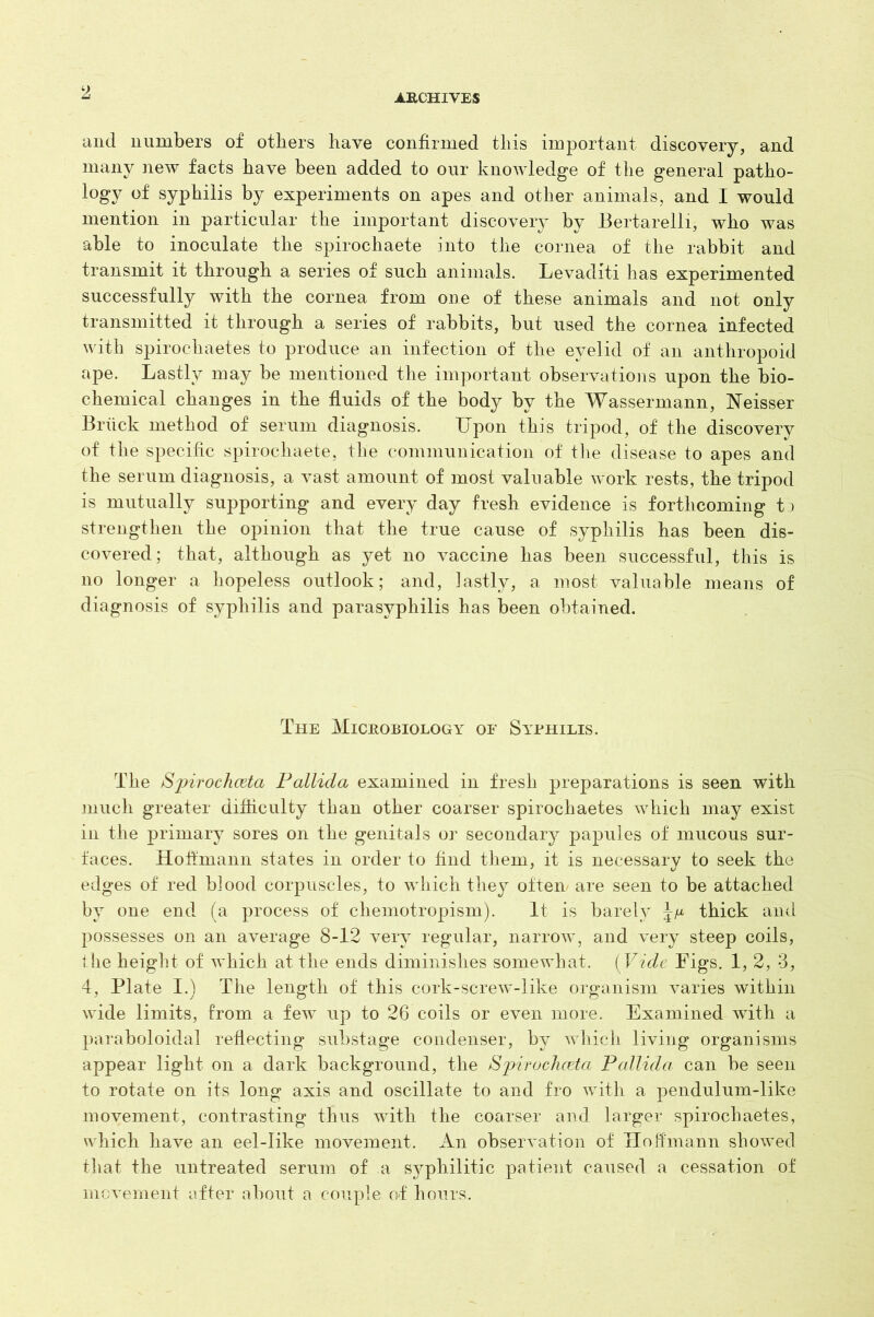 ARCHIVES and numbers of others have confirmed this important discovery, and many new facts have been added to our knowledge of the general patho- logy of syphilis by experiments on apes and other animals, and I would mention in particular the important discovery by Bertarelli, who was able to inoculate the spirochaete into the cornea of the rabbit and transmit it through a series of such animals. Levaditi has experimented successfully with the cornea from one of these animals and not only transmitted it through a series of rabbits, but used the cornea infected with spirochaetes to produce an infection of the eyelid of an anthropoid ape. Lastly may be mentioned the important observations upon the bio- chemical changes in the fluids of the body by the Wassermann, Neisser Briick method of serum diagnosis. Upon this tripod, of the discovery of the specific spirochaete, the communication of the disease to apes and the serum diagnosis, a vast amount of most valuable work rests, the tripod is mutually supporting and every day fresh evidence is forthcoming to strengthen the opinion that the true cause of syphilis has been dis- covered; that, although as yet no vaccine has been successful, this is no longer a hopeless outlook; and, lastly, a most valuable means of diagnosis of syphilis and parasvphilis has been obtained. The Microbiology of Syphilis. The Spirochceta Pallida examined in fresh preparations is seen with much greater difficulty than other coarser spirochaetes which may exist in the primary sores on the genitals or secondary papules of mucous sur- faces. Hoffmann states in order to find them, it is necessary to seek the edges of red blood corpuscles, to which they often are seen to be attached by one end (a process of chemotropism). It is barely thick and possesses on an average 8-12 very regular, narrow, and very steep coils, the height of which at the ends diminishes somewhat. (Vide Figs. 1, 2, 3, 4, Plate I.) The length of this cork-screw-like organism varies within wide limits, from a few up to 26 coils or even more. Examined with a paraboloidal reflecting substage condenser, by which living organisms appear light on a dark background, the Spirocliceta Pallida, can be seen to rotate on its long axis and oscillate to and fro with a pendulum-like movement, contrasting thus with the coarser and larger spirochaetes, which have an eel-like movement. An observation of Hoffmann showed that the untreated serum of a syphilitic patient caused a cessation of movement after about a couple of hours.