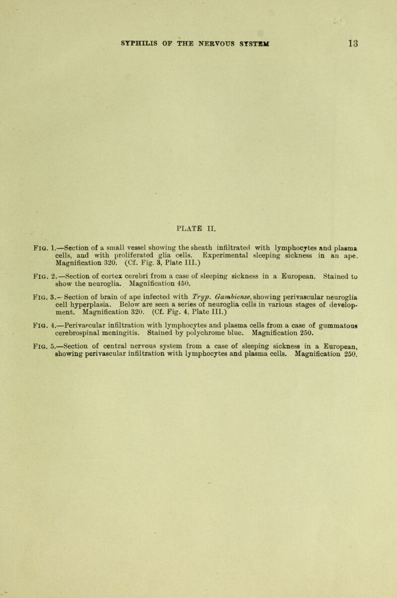 PLATE II. Fig. 1.—Section of a small vessel showing the sheath infiltrated with lymphocytes and plasma cells, and with proliferated glia cells. Experimental sleeping sickness in an ape. Magnification 320. (Cf. Fig. 3, Plate III.) Fig. 2.—Section of cortex cerebri from a case of sleeping sickness in a European. Stained to show the neuroglia. Magnification 450. Fig. 3.— Section of brain of ape infected with Try]). Gambiense, showing perivascular neuroglia cell hyperplasia. Below are seen a series of neuroglia cells in various stages of develop- ment. Magnification 320. (Cf. Fig. 4, Plate III.) Fig. 4.—Perivascular infiltration with lymphocytes and plasma cells from a case of gummatous cerebrospinal meningitis. Stained by polychrome blue. Magnification 250. Fig. 5.—Section of central nervous system from a case of sleeping sickness in a European, showing perivascular infiltration with lymphocytes and plasma cells. Magnification 250.