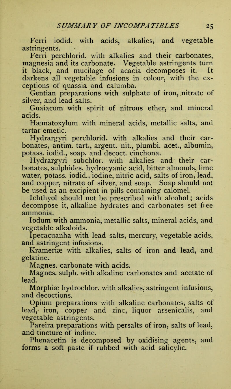 Ferri iodid. with acids, alkalies, and vegetable astringents. Ferri perchlorid. with alkalies and their carbonates, magnesia and its carbonate. Vegetable astringents turn it black, and mucilage of acacia decomposes it. It darkens all vegetable infusions in colour, with the ex- ceptions of quassia and calumba. Gentian preparations with sulphate of iron, nitrate of silver, and lead salts. Guaiacum with spirit of nitrous ether, and mineral acids. Haematoxylum with mineral acids, metallic salts, and tartar emetic. Hydrargyri perchlorid. with alkalies and their car- bonates, antim. tart., argent, nit., plumbi. acet., albumin, potass, iodid., soap, and decoct, cinchona. Hydrargyri subchlor. with alkalies and their car- bonates, sulphides, hydrocyanic acid, bitter almonds, lime water, potass, iodid., iodine, nitric acid, salts of iron, lead, and copper, nitrate of silver, and soap. Soap should not be used as an excipient in pills containing calomel. Ichthyol should not be prescribed with alcohol; acids decompose it, alkaline hydrates and carbonates set free ammonia. Iodum with ammonia, metallic salts, mineral acids, and vegetable alkaloids. Ipecacuanha with lead salts, mercury, vegetable acids, and astringent infusions. Krameriae with alkalies, salts of iron and lead, and gelatine. Magnes. carbonate with acids. Magnes. sulph. with alkaline carbonates and acetate of lead. Morphise hydrochlor. with alkalies, astringent infusions, and decoctions. Opium preparations with alkaline carbonates, salts of lead, iron, copper and zinc, liquor arsenicalis, and vegetable astringents. Pareira preparations with persalts of iron, salts of lead, and tincture of iodine. Phenacetin is decomposed by oxidising agents, and forms a soft paste if rubbed with acid salicylic.