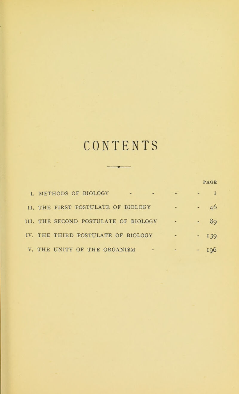 CONTENTS PAGE I. METHODS OF BIOLOGY . . . - j II. THE FIRST POSTULATE OF BIOLOGY - - 46 III. THE SECOND POSTULATE OF BIOLOGY - - 89 IV. THE THIRD POSTULATE OF BIOLOGY - - 139 V. THE UNITY OF THE ORGANISM - - - I96
