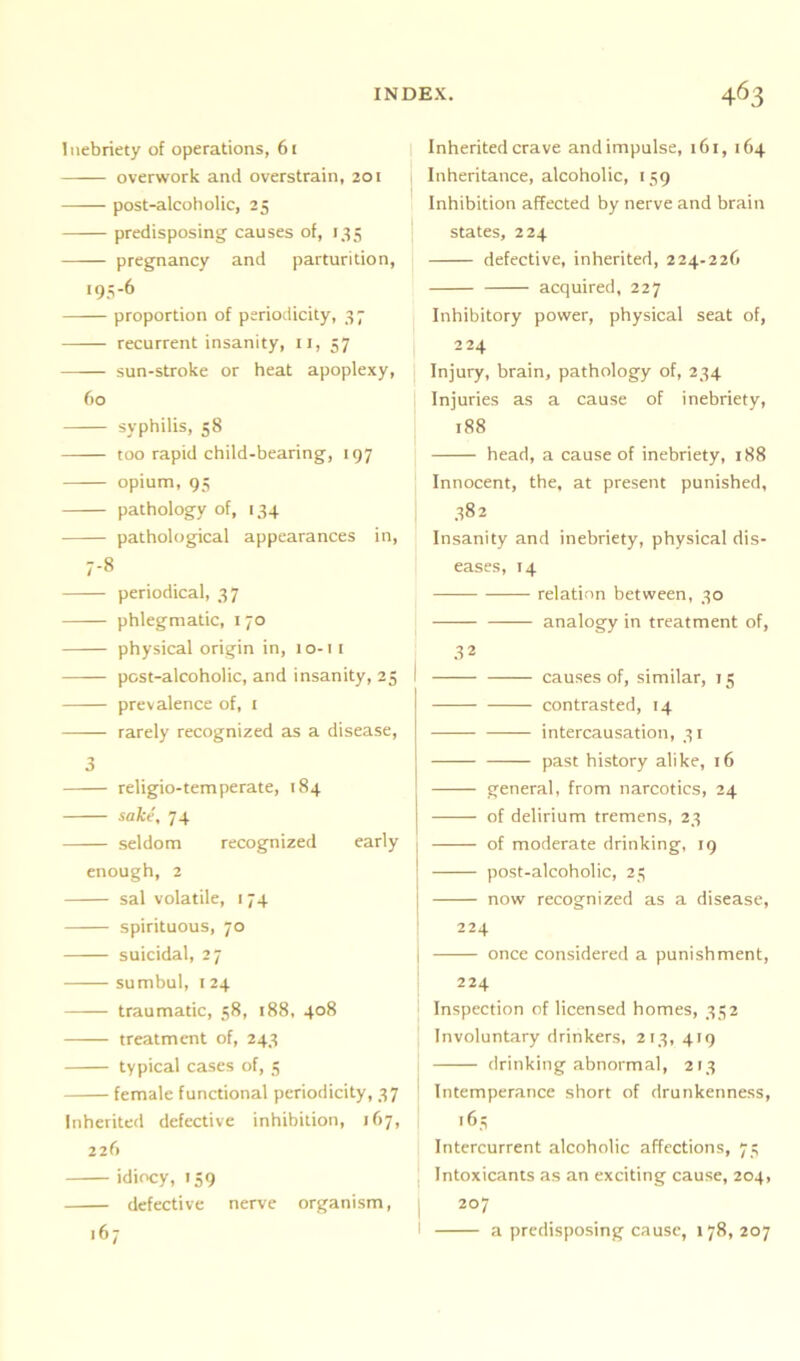 Inebriety of operations, 61 overwork and overstrain, 201 post-alcoholic, 25 predisposing causes of, 135 pregnancy and parturition, 195-6 proportion of periodicity, 37 recurrent insanity, 11, 57 sun-stroke or heat apoplexy, 60 syphilis, 58 too rapid child-bearing, 197 opium, 95 pathology of, 134 pathological appearances in, 7-8 periodical, 37 phlegmatic, 1 70 physical origin in, 10-11 post-alcoholic, and insanity, 25 prevalence of, 1 — rarely recognized as a disease, 3 religio-temperate, 184 sake, 74 seldom recognized early enough, 2 sal volatile, 174 spirituous, 70 suicidal, 27 sumbul, 124 traumatic, 58, 188, 408 treatment of, 243 typical cases of, 5 female functional periodicity, 37 Inherited defective inhibition, 167, 226 idiocy, 159 defective nerve organism, *67 Inherited crave and impulse, 161, 164 Inheritance, alcoholic, 159 Inhibition affected by nerve and brain states, 224 defective, inherited, 224-226 acquired, 227 Inhibitory power, physical seat of, 224 Injury, brain, pathology of, 234 Injuries as a cause of inebriety, 188 head, a cause of inebriety, 188 Innocent, the, at present punished, 382 Insanity and inebriety, physical dis- eases, 14 relation between, 30 analogy in treatment of, 32 causes of, similar, 15 contrasted, 14 intercausation, 31 past history alike, 16 general, from narcotics, 24 of delirium tremens, 23 of moderate drinking, 19 post-alcoholic, 25 now recognized as a disease, 224 once considered a punishment, 224 Inspection of licensed homes, 352 Involuntary drinkers, 213, 419 drinking abnormal, 213 Intemperance short of drunkenness, 165 Intercurrent alcoholic affections, 75 Intoxicants as an exciting cause, 204, 207 a predisposing cause, 178, 207