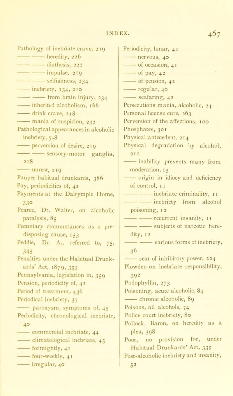 Pathology of inebriate crave, 2 19 heredity, 226 diathesis, 222 impulse, 219 selfishness, 234 inebriety, 134, 210 from brain injury, 234 inherited alcoholism, 166 drink crave, 218 mania of suspicion, 232 Pathological appearances in alcoholic inebriety, 7-8 perversion of desire, 2 19 sensory-motor ganglia, 218 unrest, 219 Pauper habitual drunkards, 386 Pay, periodicities of, 42 Payments at the Dalrymple Home, 330 Pearce, Dr. Walter, on alcoholic paralysis, 85 Pecuniary circumstances as a pre- disposing cause, 153 Peddie, Dr. A., referred to, 75, 345 Penalties under the Habitual Drunk- ards’ Act, 1879, 353 Pennsylvania, legislation in, 359 Pension, periodicity of, 42 Period of treatment, 436 Periodical inebriety, 37 paroxysm, symptoms of, 45 Periodicity, chronological inebriate, 40 commercial inebriate, 44 climatological inebriate, 45 fortnightly, 41 four-weekly, 41 irregular, 40 Periodicity, lunar, 41 nervous, 40 of occasion, 41 of pay, 42 of pension, 42 regular, 40 seafaring, 42 Persecutions mania, alcoholic, 24 Personal license cure, 263 Perversion of the affections, 100 Phosphates, 301 Physical antecedent, 214 Physical degradation by alcohol, 211 inability prevents many from moderation, 15 origin in idiocy and deficiency of control, 11 inebriate criminality, 11 inebriety from alcohol poisoning, 1 2 recurrent insanity, 11 subjects of narcotic here- dity, 12 various forms of inebriety, 36 seat of inhibitory power, 224 Plowden on inebriate responsibility, 392 Podophyllin, 273 Poisoning, acute alcoholic, 84 chronic alcoholic, 89 Poisons, all alcohols, 74 Police court inebriety, 80 Pollock, Baron, on heredity as a plea, 398 Poor, no provision for, under Habitual Drunkards’ Act, 335 Post-alcoholic inebriety and insanity, 52