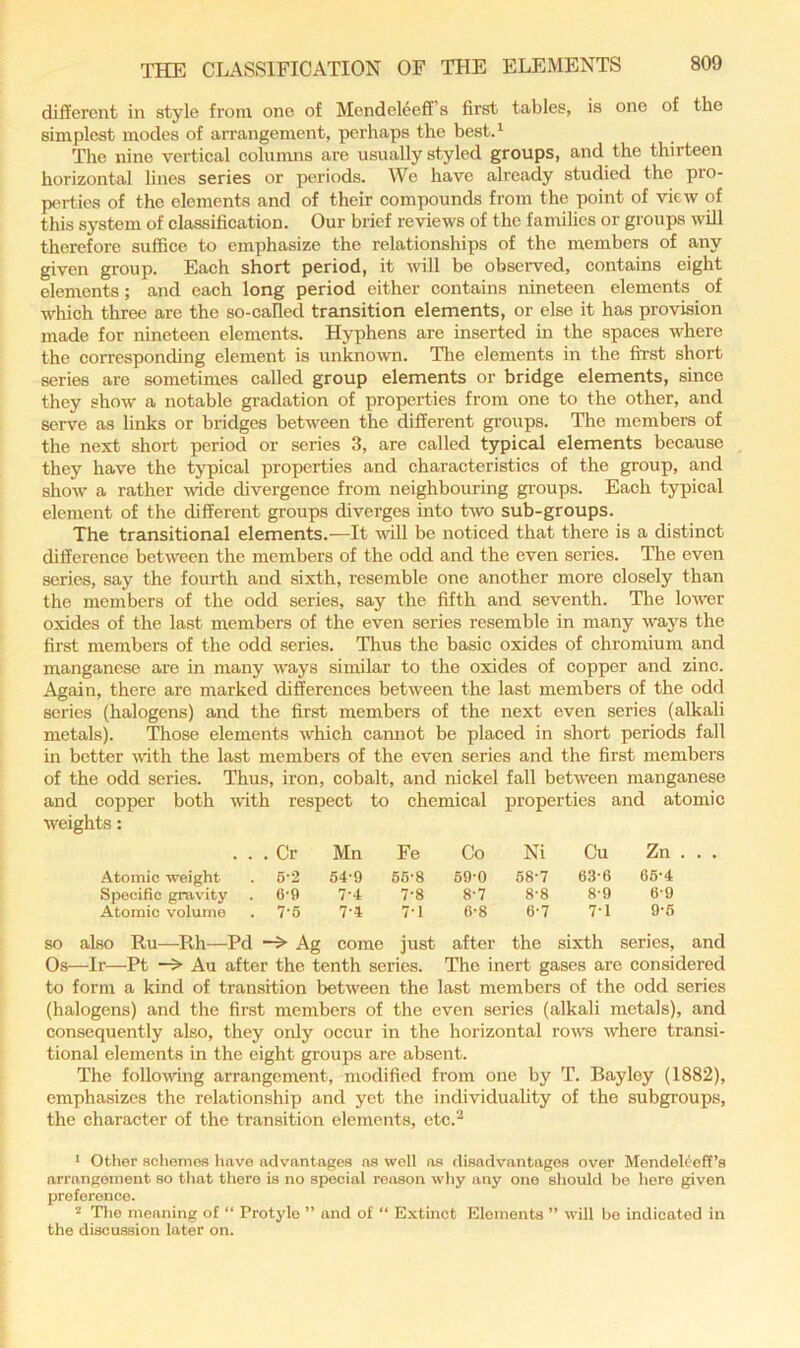 different in style from one of Mendeleeff’s first tables, is one of the simplest modes of arrangement, perhaps the best A The nine vertical columns are usually styled groups, and the thirteen horizontal lines series or periods. We have already studied the pro- perties of the elements and of their compounds from the point of view of this system of classification. Our brief reviews of the families or groups will therefore suffice to emphasize the relationships of the members of any given group. Each short period, it will be observed, contains eight elements; and each long period either contains nineteen elements of which three are the so-called transition elements, or else it has provision made for nineteen elements. Hyphens are inserted in the spaces where the corresponding element is unkno-wn. The elements in the first short series are sometimes called group elements or bridge elements, since they show a notable gradation of properties from one to the other, and serve as links or bridges between the different groups. The members of the next short period or series 3, are called typical elements because they have the tj'pical properties and characteristics of the group, and show a rather wide divergence from neighbouring groups. Each typical element of the different groups diverges into two sub-groups. The transitional elements.—It will be noticed that there is a distinct difference between the members of the odd and the even series. The even series, say the fourth and sixth, resemble one another more closely than the members of the odd series, say the fifth and seventh. The lower oxides of the last members of the even series resemble in many ways the first members of the odd series. Thus the basic oxides of chromium and manganese are in many ways similar to the oxides of copper and zinc. Again, there are marked differences between the last members of the odd series (halogens) and the first members of the next even series (alkali metals). Those elements which cannot be placed in short periods fall m better with the last members of the even series and the first members of the odd series. Thus, iron, cobalt, and nickel fall between manganese and copper both with respect to chemical properties and atomic weights: . . . Cr Mn Fe Co Ni CM Zn . . . Atomic weight . 6-2 54-9 66-8 69-0 68-7 63-6 66-4 Specific gravity . 6-9 7-4 7-8 8-7 8-8 8-9 6-9 Atomic volume . 7-5 7-4 7-1 (!-8 6-7 71 9-6 so also Ru—Rh— Pd -> Ag come just after the sixth series, and Os—Ir—Pt —> Au after the tenth series. The inert gases are considered to form a kind of transition between the last members of the odd series (halogens) and the first members of the even series (alkali metals), and consequently also, they only occur in the horizontal rows where transi- tional elements in the eight groups are absent. The follovdng arrangement, modified from one by T. Bayloy (1882), emphasizes the relationship and yet the individuality of the subgroups, the character of the transition elements, etc.''^ * Other scliomos have advantages a« well a.s disadvantages over Mendekeff’s arrangement so that there is no special reason why any one should bo here given preference. * The meaning of “ Protylo ” and of “ E.xtinct Elements ” will be indicated in the discussion later on.