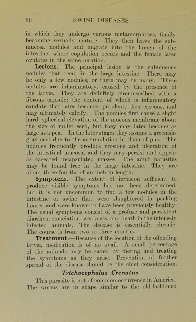 in which they undergo various metamorphoses, finally becoming sexually mature. They then leave the sub- mucosa nodules and migrate into the lumen of the intestine, where copulation occurs and the female later ovulates in the same location. Lesions.—The principal lesion is the submucous nodules that occur in the large intestine. There may be only a few nodules, or there may be many. These nodules are inflammatory, caused by the presence of the larva?. They are definitely circumscribed with a fibrous capsule; the content of which is inflammatory exudate that later becomes purulent, then caseous, and may ultimately calcify. The nodules first cause a slight hard, spherical elevation of the mucous membrane about the size of millet seed, but they may later become as large as a pea. In the later stages they assume a greenish- gray cast due to the accumulation in them of pus. The nodules frequently produce erosions and ulceration of the intestinal mucosa, and they may persist and appear as caseated incapsulated masses. The adult parasites may be found free in the large intestine. They are about three-fourths of an inch in length. Symptoms.-—The extent of invasion sufficient to produce visible symptoms has not been determined, but it is not uncommon to find a few nodules in the intestine of swine that were slaughtered in packing houses and were known to have been previously healthy. The usual symptoms consist of a profuse and persistent diarrhea, emaciation, weakness, and death in the intensely infested animals. The disease is essentially chronic. The course is from two to three months. Treatment.—Because of the location of the offending larvae, medication is of no avail. A small percentage of the animals may be saved by dieting and treating the symptoms as they arise. Prevention of further spread of the disease should be the chief consideration. Trichocephalus Crenatus This parasite is not of common occurrence in America. The worms are in shape similar to the old-fashioned