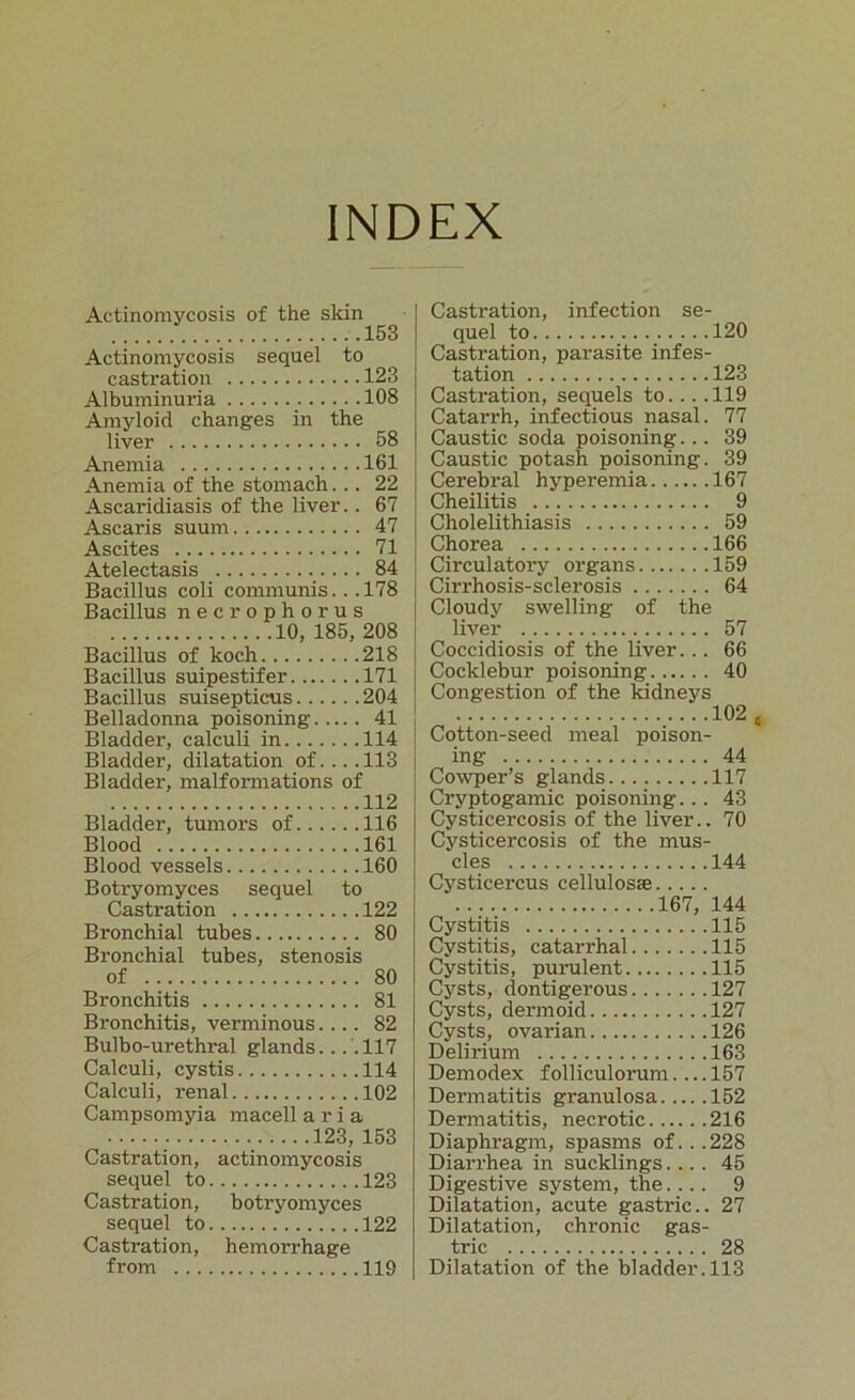 INDEX Actinomycosis of the skin ..153 Actinomycosis sequel to castration 123 Albuminuria 108 Amyloid changes in the liver 58 Anemia 161 Anemia of the stomach... 22 Ascaridiasis of the liver.. 67 Ascaris suum 47 Ascites 71 Atelectasis 84 Bacillus coli communis.. .178 Bacillus necrophorus 10, 185, 208 Bacillus of koch 218 Bacillus suipestifer 171 Bacillus suisepticus 204 Belladonna poisoning 41 Bladder, calculi in 114 Bladder, dilatation of.... 113 Bladder, malformations of 112 Bladder, tumors of 116 Blood 161 Blood vessels 160 Botryomyces sequel to Castration 122 Bronchial tubes 80 Bronchial tubes, stenosis of 80 Bronchitis 81 Bronchitis, verminous.... 82 Bulbo-urethral glands.. .'.117 Calculi, cystis 114 Calculi, renal 102 Campsomyia macell aria 123, 153 Castration, actinomycosis sequel to. 123 Castration, botryomyces sequel to. Castration, hemorrhage from .... 119 Castration, infection se- quel to 120 Castration, parasite infes- tation 123 Castration, sequels to... .119 Catarrh, infectious nasal. 77 Caustic soda poisoning... 39 Caustic potash poisoning. 39 Cerebral hyperemia 167 Cheilitis 9 Cholelithiasis 59 Chorea 166 Circulatory organs 159 Cirrhosis-sclerosis 64 Cloudy swelling of the liver 57 Coccidiosis of the liver... 66 Cocklebur poisoning 40 Congestion of the kidneys 102 Cotton-seed meal poison- ing 44 Cowper’s glands 117 Cryptogamic poisoning... 43 Cysticercosis of the liver.. 70 Cysticercosis of the mus- cles 144 Cysticercus cellulosse 167, 144 Cystitis 115 Cystitis, catarrhal 115 Cystitis, purulent 115 Cysts, dontigerous 127 Cysts, dermoid 127 Cysts, ovarian 126 Delirium 163 Demodex folliculorum.... 157 Dermatitis granulosa 152 Dermatitis, necrotic 216 Diaphragm, spasms of...228 Diarrhea in sucklings.... 45 Digestive system, the.... 9 Dilatation, acute gastric.. 27 Dilatation, chronic gas- tric 28 Dilatation of the bladder. 113 t