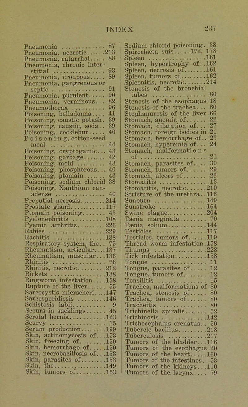 Pneumonia 87 Pneumonia, necrotic 213 Pneumonia, catarrhal 88 Pneumonia, chronic inter- stitial _ . 93 Pneumonia, croupous 89 Pneumonia, gangrenous or septic 91 Pneumonia, purulent 90 Pneumonia, verminous... 82 Pneumothorax 96 Poisoning, belladonna.... 41 Poisoning, caustic potash. 39 Poisoning, caustic, soda.. 39 Poisoning, cocklebur 40 Poisoning, cotton-seed meal 44 Poisoning, cryptogamic... 43 Poisoning, garbage 42 Poisoning, mold 43 Poisoning, phosphorous... 40 Poisoning, ptomain 43 Poisoning, sodium chlorid 38 Poisoning, Xanthium can- adense 40 Preputial necrosis 214 Prostate gland 117 Ptomain poisoning 43 Pyelonephritis 108 Pyemic arthritis 226 Rabies 229 Rachitis 138 Respiratory system, the.. 75 Rheumatism, articular. ...137 Rheumatism, muscular.. .136 Rhinitis 76 Rhinitis, necrotic 212 Rickets 138 Ringworm infestation... .158 Rupture of the liver 55 Sarcocystis mierscheri.... 147 Sarcosporidiosis 146 Schistosis labii 9 Scours in sucklings 45 Scrotal hernia 123 Scurvy 15 Serum production 199 Skin, actinomycosis of... 153 Skin, freezing of 150 Skin, hemorrhage of 150 Skin, necrobacillosis of... 153 Skin, parasites of 153 Skin, the 149 Skin, tumors of 153 Sodium chlorid poisoning. 38 Spirochaeta suis 172, 178 Spleen 161 Spleen, hypertrophy of.. 162 Spleen, necrosis of 161 Spleen, tumors of 162 Spleenitis, necrotic ..214 Stenosis of the bronchial tubes 80 Stenosis of the esophagus 18 Stenosis of the trachea... 80 Stephanurosis of the liver 66 Stomach, anemia of 22 Stomach, dilatation of... 27 Stomach, foreign bodies in 21 Stomach, hemorrhage of.. 23 Stomach, hyperemia of... 24 Stomach, malformati ons of 21 Stomach, parasites of.... 30 Stomach, tumors of 29 Stomach, ulcers of 23 Stomatitis 13 Stomatitis, necrotic 210 Stricture of the urethra. .116 Sunburn 149 Sunstroke 164 Swine plague 204 Taenia marginata 70 Taenia solium 144 Testicles 117 Testicles, tumors of 119 Thread worm infestation. 158 Thumps 228 Tick infestation 158 Tongue 11 Tongue, parasites of 12 Tongue, tumors of 12 Tonsilitis 15 Trachea, malformations of 80 Trachea, stenosis of 80 Trachea, tumors of 80 Tracheitis 80 Trichinella spiralis 52 Trichinosis 142 Trichocephalus crenatus.. 50 Tubercle bacillus 218 Tuberculosis 217 Tumors of the bladder.. .116 Tumors of the esophagus 20 Tumors of the heart 160 Tumors of the intestines.. 53 Tumors of the kidneys.. .110 Tumors of the larynx.... 79