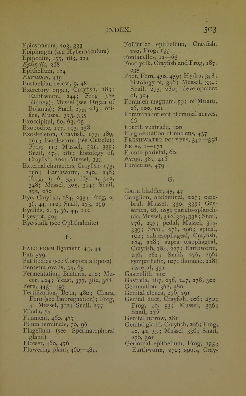 Epiostracum, 203, 333 Epiphragm (see Hybernaculum) Epipoclite, 177, 183, 221 Epistylis, 368 Epithelium, 124 Eurotium, 419 Eustachian recess, 9, 48 Excretory organ, Crayfish, 183; Earthworm, 244; Frog (see Kidney); Mussel (see Organ of Bojanus); Snail, 275, 283 ; ori- fice, Mussel, 323, 335 Exoccipital, 60, 63, 65 Exopodite, 177, 193, 238 Exoskeleton, Crayfish, 173, 189, 191; Earthworm (see Cuticle); Frog, 11; Mussel, 331, 335; Snail, 274, 281; histology of, Crayfish, 202; Mussel, 333 External characters, Crayfish, 173, 190; Earthworm, 240, 248; Frog, 1, 6, 35; Hydra, 342, 348; Mussel, 305, 314; Snail, 272, 280 Eye, Crayfish, 184, 233; Frog, 2, 36, 44, 112; Snail, 273, 299 Eyelids, 2, 3, 36, 44, 112 Eyespot, 304 Eye-stalk (see Ophthalmite) F. Falciform ligament, 43, 44 Fat, 379 Fat bodies (see Corpora adiposa) Fenestra ovalis, 34, 65 Fermentation, Bacteria, 410; Mu- cor, 424; Yeast, 377, 382, 388 Fern, 443—459 Fertilization, Bean, 480; Chara, Fern (see Impregnation); Frog, 4; Mussel, 312; Snail, 277 Fibula, 72 Filament, 460, 477 Filum terminale, 30, 96 Flagellum (see Spermatophoral gland) Flower, 460, 476 Flowering plant, 460—481. Follicular epithelium, Crayfish, 220, Frog, 155 Fontanelles, 12—63 Food yolk, Crayfish and Frog, 187, 235 Foot, Fera, 450, 459; Hydra, 348; histology of, 346; Mussel, 334; Snail, 273, 2S0; development of, 304 Foramen magnum, 59; of Munro, 26, 100, 101 Foramina for exit of cranial nerves, 66 Fourth ventricle, 100 Fragmentation of nucleus, 437 Freshwater polypes, 342—358 Frog, i—172 Fronto-parietal, 60 Fungi, 382, 416 Funiculus, 479 G. Gall bladder, 45, 47 Ganglion, abdominal, 227; cere- bral, Mussel, 330, 339; Gas- serian, 28, 105; parieto-splanch- nic, Mussel, 312, 329,338; Snail, 276, 297; pedal, Mussel, 312, 339; Snail, 276, 296; spinal, 102; subcesophageal, Crayfish, 184, 228; supra oesophageal, Crayfish, 184, 227; Earthworm, 246, 262; Snail, 276, 296; sympathetic, 107; thoracic, 228; visceral, 331 Gastrolith, 210 Gastrula, 187, 236, 247, 278, 302 Gemmation, 362, 380 Genital cloaca, 276, 291 Genital duct, Crayfish, 206; 250; Frog, 40, 53; Mussel, 336; Snail, 276 Genital furrow, 281 Genital gland, Crayfish, 206; Frog, 40, 42, 53; Mussel, 336; Snail, 276, 301 Germinal epithelium, Frog, 155; Earthworm, 270; spots, Cray-