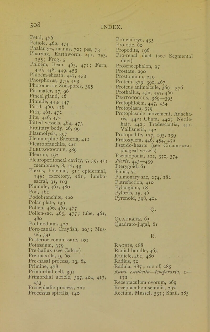 Petal, 476 Petiole, 462, 474 Phalanges, manus, 70; pes, 73 Pharynx, Earthworm, 241, 253, 255; Frog, 5 1 hloem, Bean, 463, 472; Fern, 44^) 448) 449’ 453 Phloem-sheath, ^47, 453 Phosphorus, 379, 403 Photometric Zoospores, 395 Pia mater, 27, 96 Pineal gland, 26 Pinnule, 443, 447 Pistil, 460, 478 Pith, 462, 472 Pits, 446, 472 Pitted vessels, 464, 473 Pituitary body, 26, 99 Plasmolysis, 397 Pleomorphic Bacteria, 411 Pleurobranchire, 221 Pleurococcus, 389 Pleuron, 192 Pleuroperitoneal cavity, 7, 39, 41; membrane, 8, 42, 43 Plexus, brachial, 31; epidermal, 245; excretory, 261; lumbo- sacral, 31, 103 Plumule, 461, 480 Pod, 461 Podobranchiae, 220 Polar plate, 139 Pollen, 460, 465, 477 Pollen-sac, 465, 477; tube, 461, 480 Pollinodium, 420 Pore-canals, Crayfish, 203; Mus- sel, 341 Posterior commissure, 101 Potassium, 379 Pre-hallux (see Calcar) Pre-maxilla, 9, 60 Pre-nasal process, 13, 64 Primine, 478 Primordial cell, 391 Primordial utricle, 397, 404, 417, 433 Procephalic process, 202 Processus spiralis, 140 Pro-embryo, 435 Pro-otic, 60 Propodite, 196 Pro-renal duct (see Segmental duct) Prosencephalon, 97 Prostate, 290 Prostomium, 249 Protein, 379, 390, 467 Proteus animalcule, 369—376 Prothallus, 450, 457, 466 Protococcus, 389—395 Protophloem, 447, 454 Protoplasm, 379 Protoplasmic movement, Anacha- ris, 442; Chara, 440; Nettle- hair, 442; Tradescantia, 441; Vallisneria, 442 Protopodite, 177, 193, 239 Protoxylem, 446, 454, 472 Pseudo-hearts (see Circum-oeso- phageal vessels) Pseudopodia, 122, 370, 374 Pteris, 443—459 Pterygoid, 61 Pubis, 71 Pulmonary sac, 274, 282 Putrefaction, 410 Pylangium, 18 Pylorus, 15, 46 Pyrenoid, 398, 404 Q. Quadrate, 65 Quadrato-jugal, 61 R. Rachis, 288 Radial bundle, 465 Radicle, 461, 480 Radius, 70 Radula, 287 ; sac of, 285 liana esculent a—iemporaria, 1— 172 Receptaculum ovorurn, 269 Receptaculum seminis, 292 Rectum, Mussel, 337 ; Snail, 283