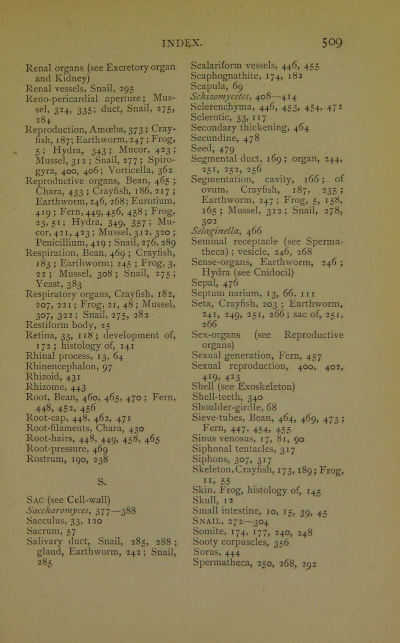 Renal organs (see Excretory organ and Kidney) Renal vessels, Snail, 295 Reno-pericardial aperture; Mus- sel, 324, 335; duct, Snail, 275, 284 Reproduction, Amoeba, 373 ; Cray- fish, 187; Earthworm,247 ; Frog, 5 5 Hydra, 343; Mucor, 423; Mussel, 312 ; Snail, 277; Spiro- gyra, 400, 406; Vorticella, 362 Reproductive organs, Bean, 465 ; Chara, 433 ; Crayfish, 186, 217 ; Earthworm, 246, 268; Eurotium, 419 ; Fern, 449, 456, 458; Frog, 23,51; Hydra, 349, 357; Mu- cor, 421, 423 ; Mussel, 312, 320 ; Penicillium, 419 ; Snail, 276,289 Respiration, Bean, 469 ; Crayfish, 183 ; Earthworm; 245 ; Frog, 3, 22; Mussel, 308; Snail, 275; Yeast, 383 Respiratory organs, Crayfish, 182, 207, 221; Frog, 21, 48; Mussel, 307, 322 ; Snail, 275, 282 Restiform body, 25 Retina, 33, 118; development of, 172; histology of, 141 Rhinal process, 13, 64 Rhinencephalon, 97 Rhizoid, 431 Rhizome, 443 Root, Bean, 460, 465, 470 ; Fern, 448, 452, 456 Root-cap, 448, 462, 471 Root-filaments, Chara, 430 Root-hairs, 448, 449, 458, 465 Root-pressure, 469 Rostrum, 190, 238 S. Sac (see Cell-wall) Saccharomyces, 377—388 Sacculus, 33, 120 Sacrum, 57 Salivary duct, Snail, 285, 288; gland, Earthworm, 242 ; Snail, 285 Scalariform vessels, 446, 455 Scaphognathite, 174, 182 Scapula, 69 Schizomycetes, 408—414 Sclerenchyma, 446, 453, 454, 472 Sclerotic, 33, 117 Secondary thickening, 464 Secundine, 478 Seed, 479 Segmental duct, 169; organ, 244, 25c 252, 256 Segmentation, cavity, 166; of ovum, Crayfish, 187, 235 ; Earthworm, 247; Frog, 5, 158, 165 ; Mussel, 312 ; Snail, 278, 302 Selaginella, 466 Seminal receptacle (see Sperma- theca); vesicle, 246, 268 Sense-organs, Earthworm, 246 ; Hydra (see Cnidocil) Sepal, 476 Septum narium, 13, 66, nr Seta, Crayfish, 203 ; Earthworm, 241, 249, 251, 266; sac of, 251, 266 Sex-organs (see Reproductive organs) Sexual generation, Fern, 457 Sexual reproduction, 400, 402, 4!9> 423 Shell (see Exoskeleton) Shell-teeth, 340 Shoulder-girdle, 68 Sieve-tubes, Bean, 464, 469, 473; Fern, 447, 454, 455 Sinus venosus, 17, 81, 90 Siphonal tentacles, 317 Siphons, 307, 317 Skeleton,Crayfish, 173,189; Frog, ID 55 Skin, Frog, histology of, 145 Skull, 12 Small intestine, 10, 15, 39, 45 Snail, 272—304 Somite, 174, 177, 240, 248 Sooty corpuscles, 356 Sorus, 444 Spermatheca, 250, 268, 292