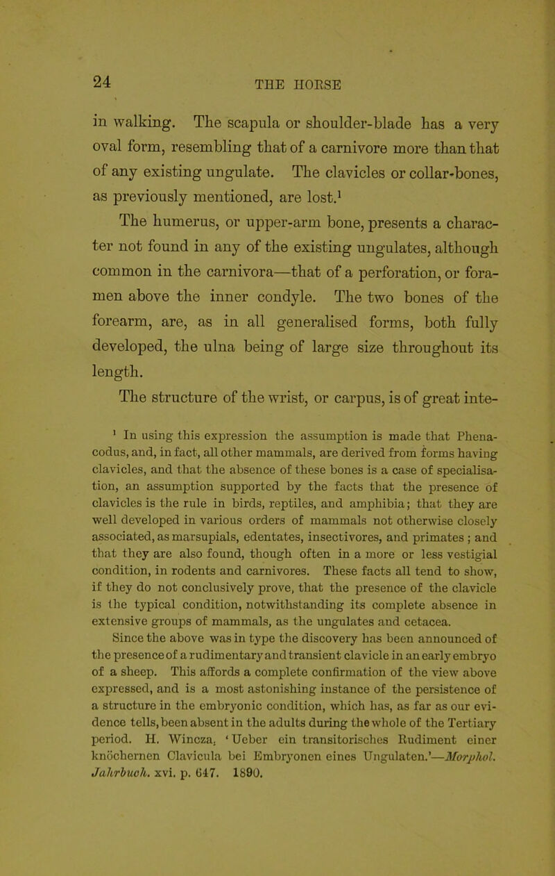 in walking. The scapula or shoulder-blade has a very oval form, resembling that of a carnivore more than that of any existing ungulate. The clavicles or collar-bones, as previously mentioned, are lost.1 The humerus, or upper-arm bone, presents a charac- ter not found in any of the existing ungulates, although common in the carnivora—that of a perforation, or fora- men above the inner condyle. The two bones of the forearm, are, as in all generalised forms, both fully developed, the ulna being of large size throughout its length. The structure of the wrist, or carpus, is of great inte- 1 In using this expression the assumption is made that Phena- codus, and, in fact, all other mammals, are derived from forms having clavicles, and that the absence of these bones is a case of specialisa- tion, an assumption supported by the facts that the presence of clavicles is the rule in birds, reptiles, and amphibia; that they are well developed in various orders of mammals not otherwise closely associated, as marsupials, edentates, insectivores, and primates ; and that they are also found, though often in a more or less vestigial condition, in rodents and carnivores. These facts all tend to show, if they do not conclusively prove, that the presence of the clavicle is the typical condition, notwithstanding its complete absence in extensive groups of mammals, as the ungulates and cetacea. Since the above was in type the discovery has been announced of the presence of a rudimentary and transient clavicle in an early embryo of a sheep. This affords a complete confirmation of the view above expressed, and is a most astonishing instance of the persistence of a structure in the embryonic condition, which has, as far as our evi- dence tells, been absent in the adults during the whole of the Tertiary period. II. Wincza. ‘ Ueber cin transitorisches Rudiment einer knochernen Clavicula bei Embryonen eines Ungulaten.’—Morpliol. Jahrbuoh. xvi. p. 047. 1890.