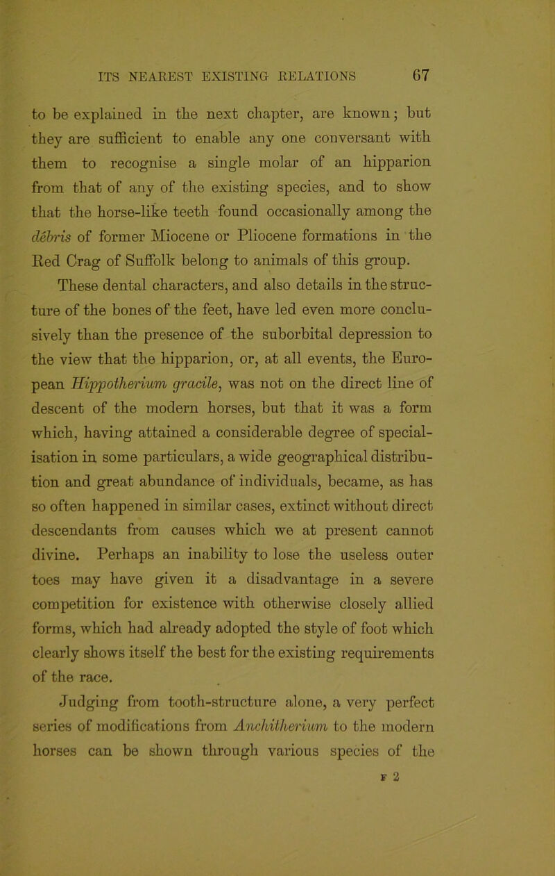 to be explained in the next chapter, are known; but they are sufficient to enable any one conversant with them to recognise a single molar of an hipparion from that of any of the existing species, and to show that the horse-like teeth found occasionally among the debris of former Miocene or Pliocene formations in the Red Crag of Suffolk belong to animals of this group. These dental characters, and also details in the struc- ture of the bones of the feet, have led even more conclu- sively than the presence of the suborbital depression to the view that the hipparion, or, at all events, the Euro- pean Hippotherium gracile, was not on the direct line of descent of the modern horses, but that it was a form which, having attained a considerable degree of special- isation in some particulars, a wide geographical distribu- tion and great abundance of individuals, became, as has so often happened in similar cases, extinct without direct descendants from causes which we at present cannot divine. Perhaps an inability to lose the useless outer toes may have given it a disadvantage in a severe competition for existence with otherwise closely allied forms, which had already adopted the style of foot which clearly shows itself the best for the existing requirements of the race. Judging from tooth-structure alone, a very perfect series of modifications from Anchitherium to the modern horses can be shown through various species of the