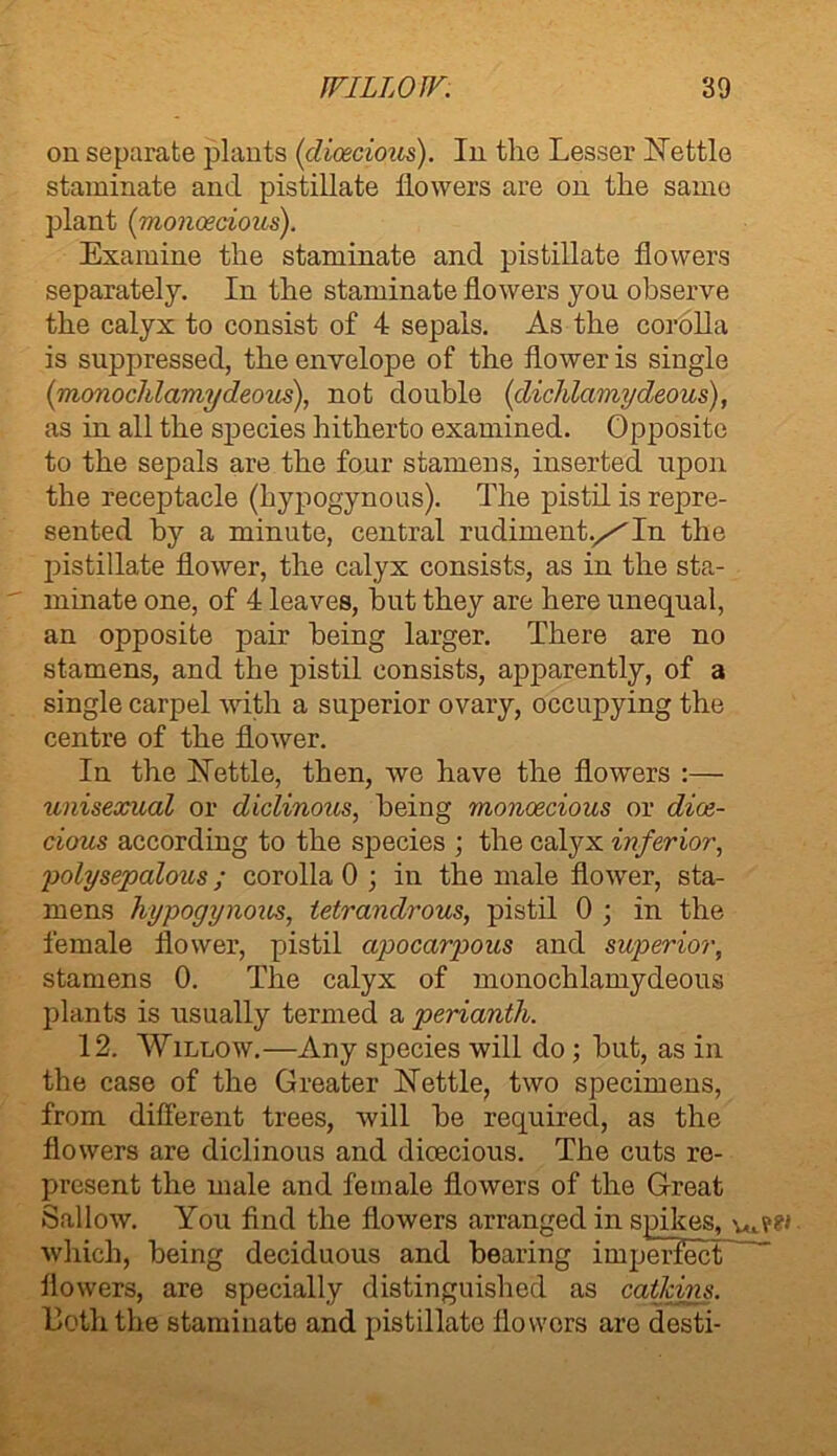 on separate plants (dioecious). In the Lesser Nettle staminate and pistillate flowers are on the same plant (monoecious). Examine the staminate and pistillate flowers separately. In the staminate flowers you observe the calyx to consist of 4 sepals. As the corolla is suppressed, the envelope of the flower is single (monochlamydeous), not double (dichlamydeous), as in all the species hitherto examined. Opposite to the sepals are the four stamens, inserted upon the receptacle (hypogynous). The pistil is repre- sented by a minute, central rudiment./'In the pistillate flower, the calyx consists, as in the sta-  minate one, of 4 leaves, but they are here unequal, an opposite pair being larger. There are no stamens, and the pistil consists, apparently, of a single carpel with a superior ovary, occupying the centre of the flower. In the Nettle, then, we have the flowers :— unisexual or diclinous, being monoecious or dioe- cious according to the species ; the calyx inferior, polysepaloxis; corolla 0 ; in the male flower, sta- mens hypogynous, tetranclrous, pistil 0 ; in the female flower, pistil apocarpous and superior, stamens 0. The calyx of monochlamydeous plants is usually termed a perianth. 12. Willow.—Any species will do; but, as in the case of the Greater Nettle, two specimens, from different trees, will be required, as the flowers are diclinous and dioecious. The cuts re- present the male and female flowers of the Great Sallow. You find the flowers arranged in spikes, which, being deciduous and bearing imperfect flowers, are specially distinguished as catkins. Both the staminate and pistillate flowers are desti-