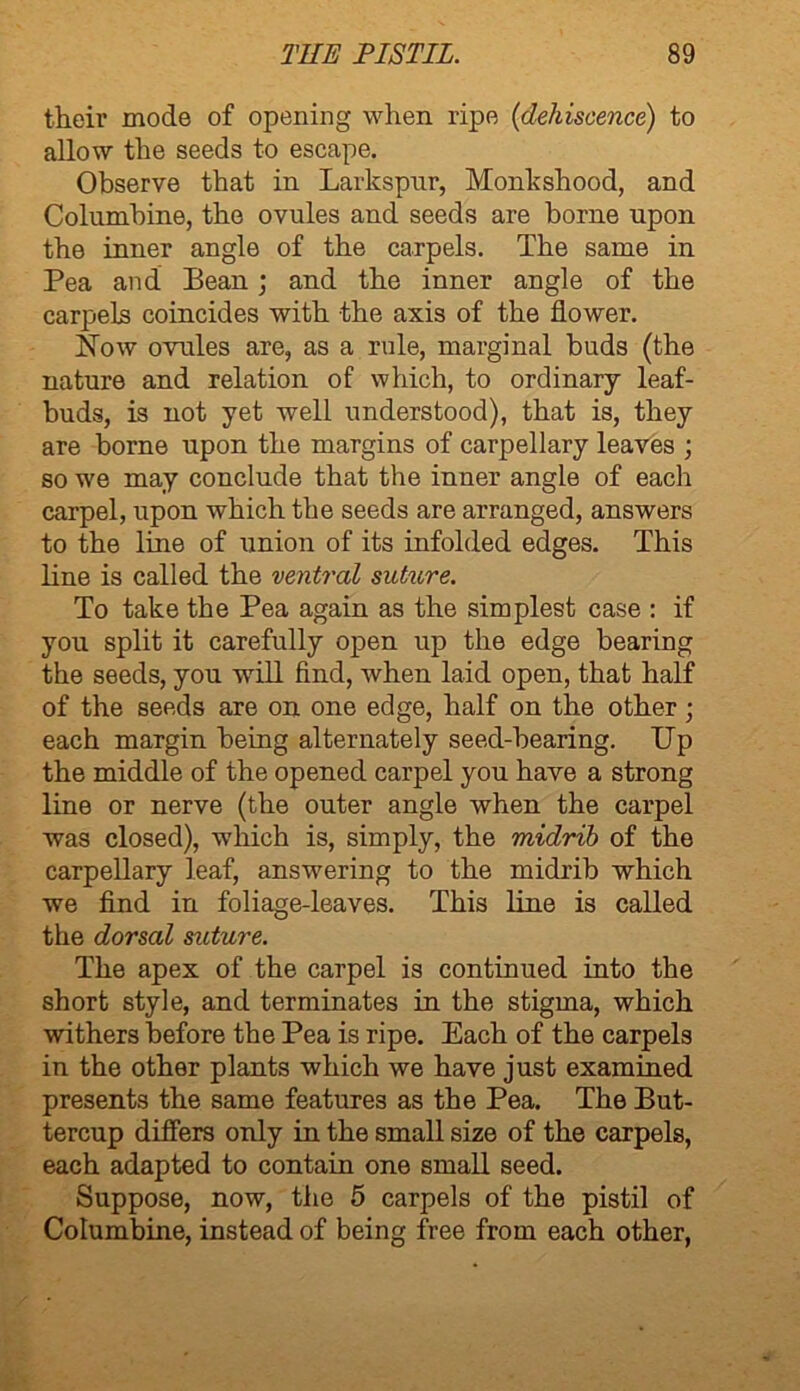 their mode of opening when ripe (dehiscence) to allow the seeds to escape. Observe that in Larkspur, Monkshood, and Columbine, the ovules and seeds are borne upon the inner angle of the carpels. The same in Pea and Bean; and the inner angle of the carpels coincides with the axis of the flower. Now ovules are, as a rule, marginal buds (the nature and relation of which, to ordinary leaf- buds, is not yet well understood), that is, they are borne upon the margins of carpellary leaves ; so we may conclude that the inner angle of each carpel, upon which the seeds are arranged, answers to the line of union of its infolded edges. This line is called the ventral suture. To take the Pea again as the simplest case : if you split it carefully open up the edge bearing the seeds, you wTill find, when laid open, that half of the seeds are on one edge, half on the other; each margin being alternately seed-bearing. Up the middle of the opened carpel you have a strong line or nerve (the outer angle when the carpel was closed), which is, simply, the midrib of the carpellary leaf, answering to the midrib which we find in foliage-leaves. This line is called the dorsal suture. The apex of the carpel is continued into the short style, and terminates in the stigma, which withers before the Pea is ripe. Each of the carpels in the other plants which we have just examined presents the same features as the Pea. The But- tercup differs only in the small size of the carpels, each adapted to contain one small seed. Suppose, now, the 5 carpels of the pistil of Columbine, instead of being free from each other,